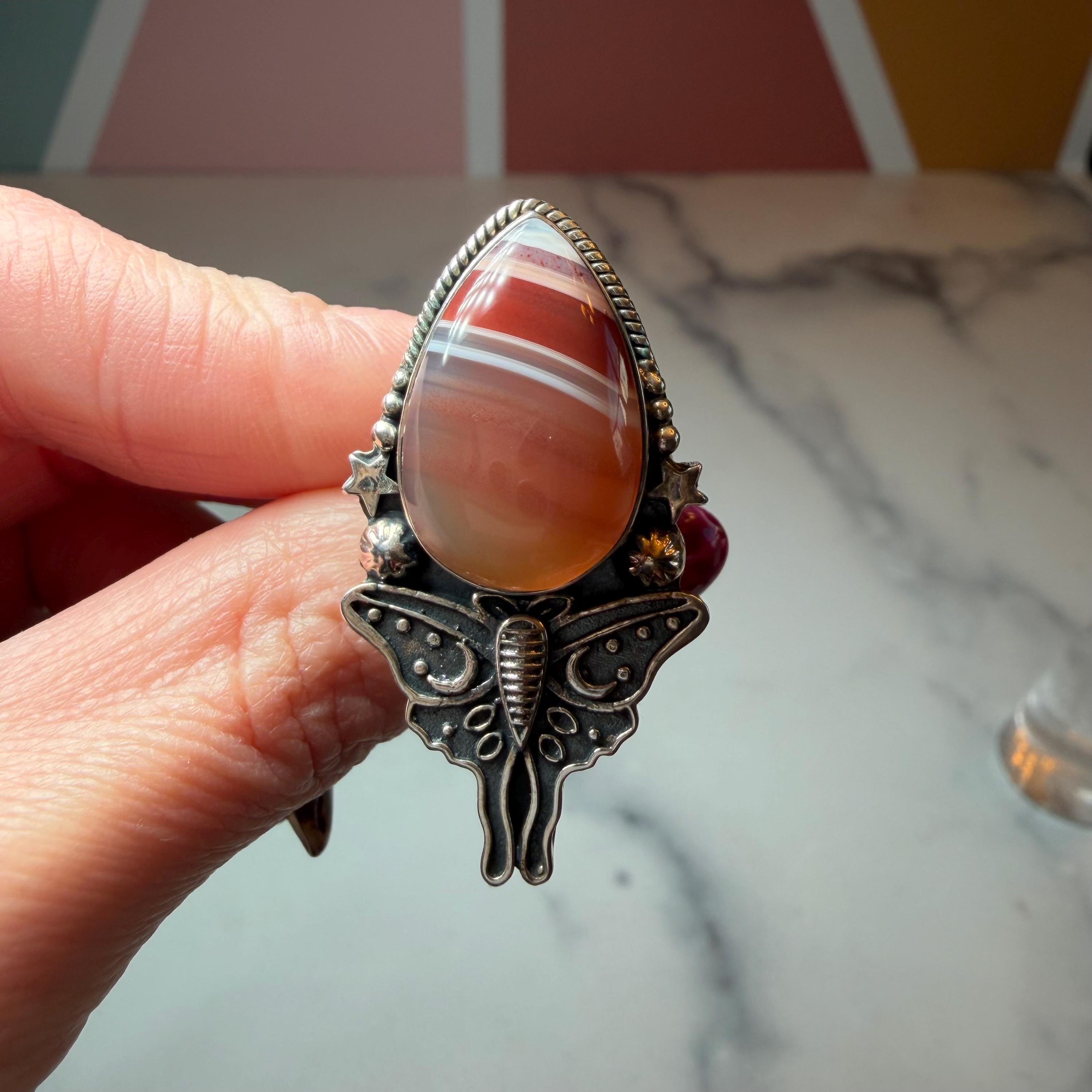 Botswana Agate Luna Moth Ring • Sterling Silver • Celestial Boho Statement Jewelry (size 7) 11