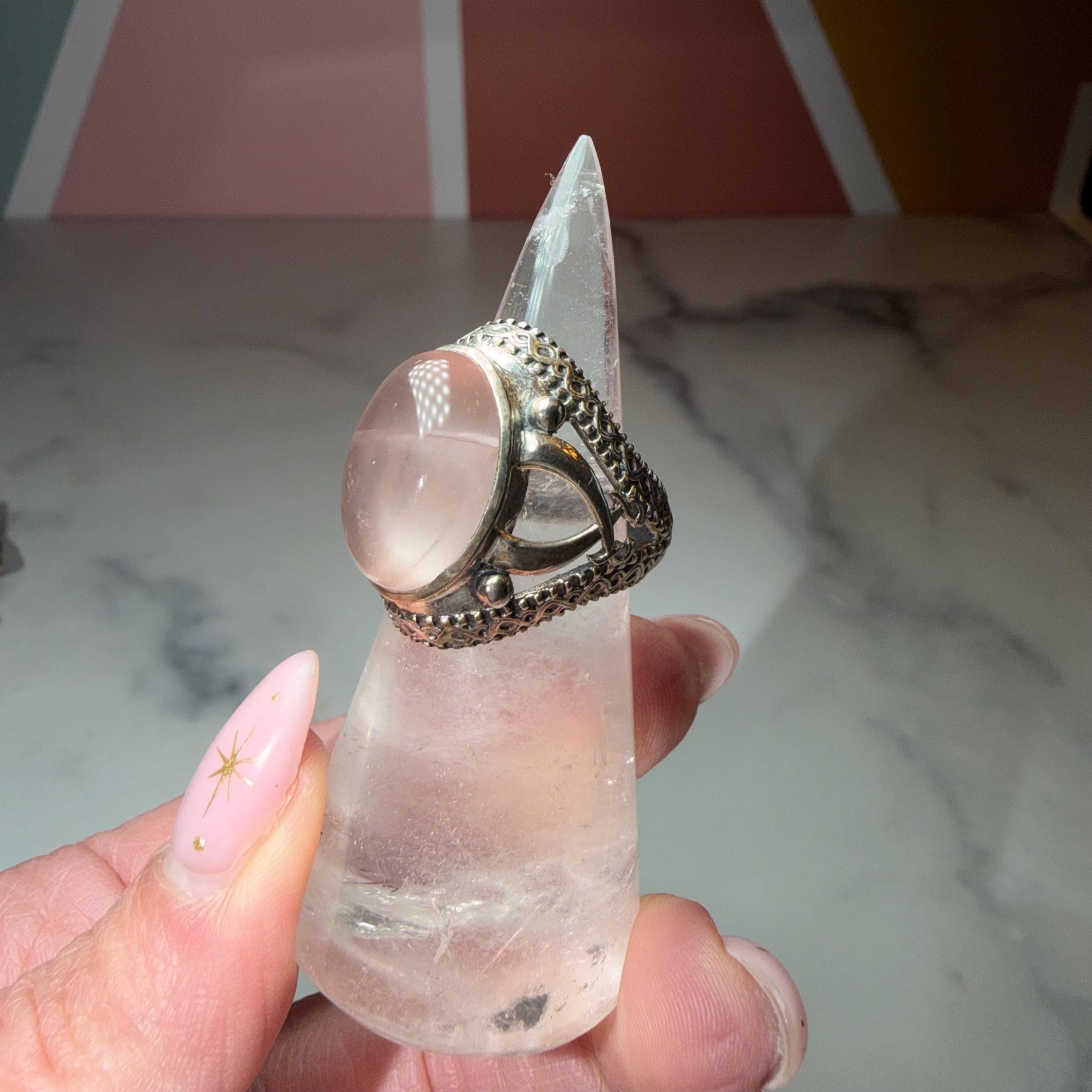 Large Rose Quartz Ring, Ornate 925 Sterling Silver, Statement Crystal Jewelry Size 7 5