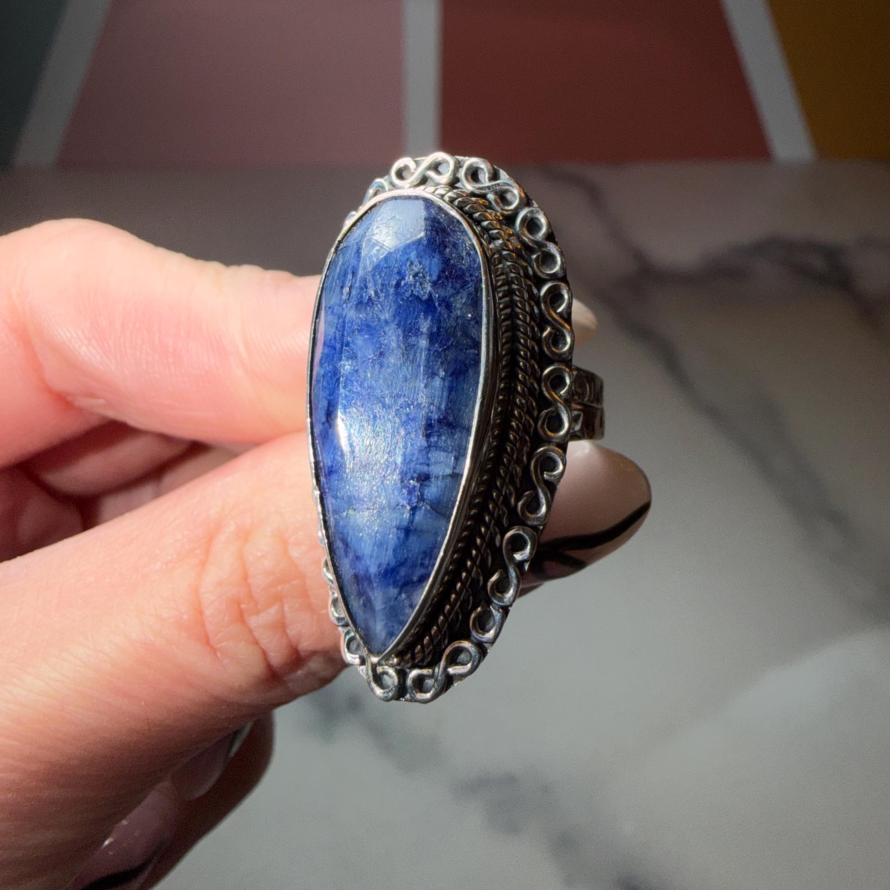 Large Blue Kyanite Statement Ring • Sterling Silver Double Shank Band (Size 7) 2