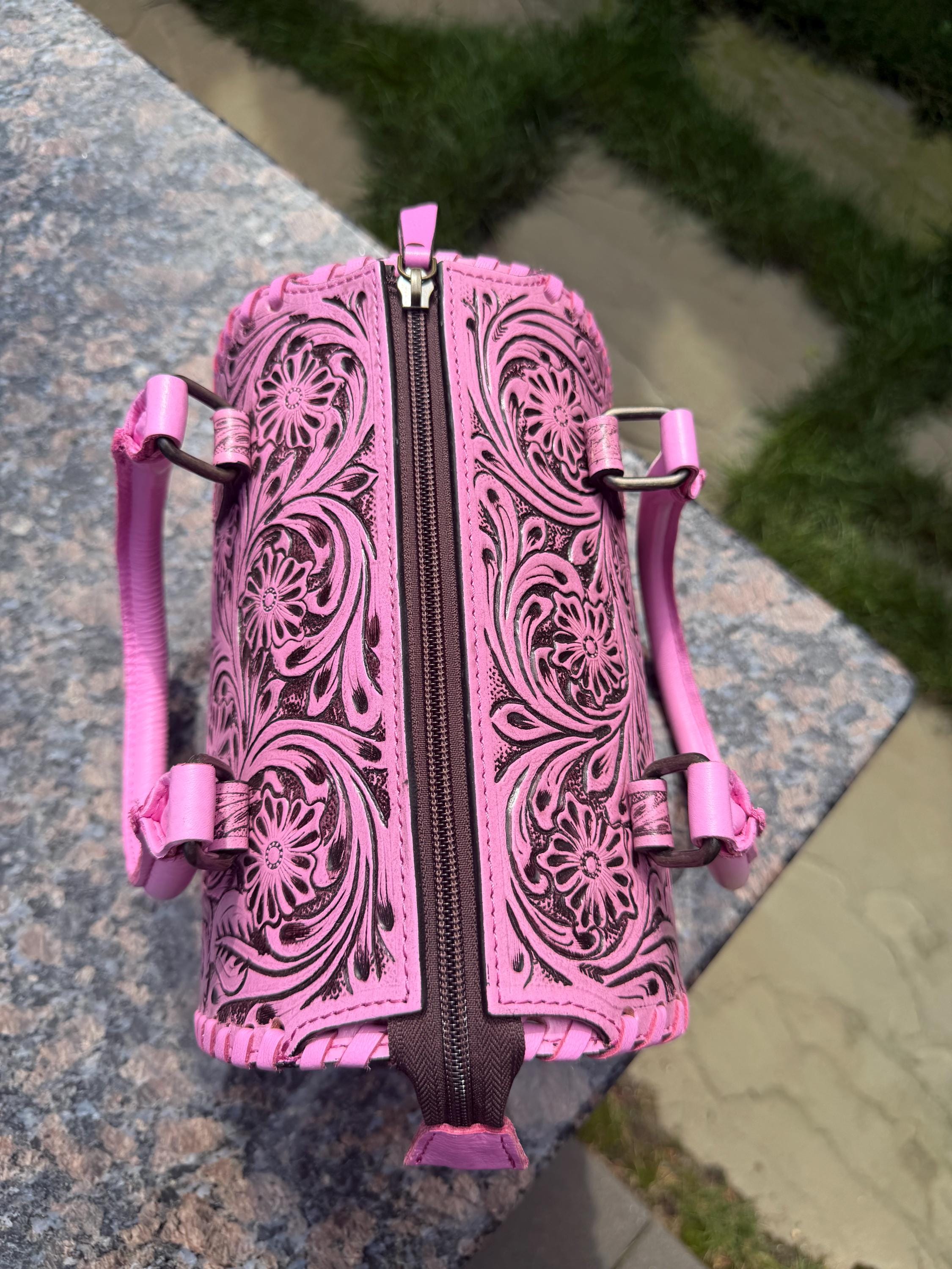 Small Pink Tooled Leather Speedy Bag – Western Floral Handbag 10