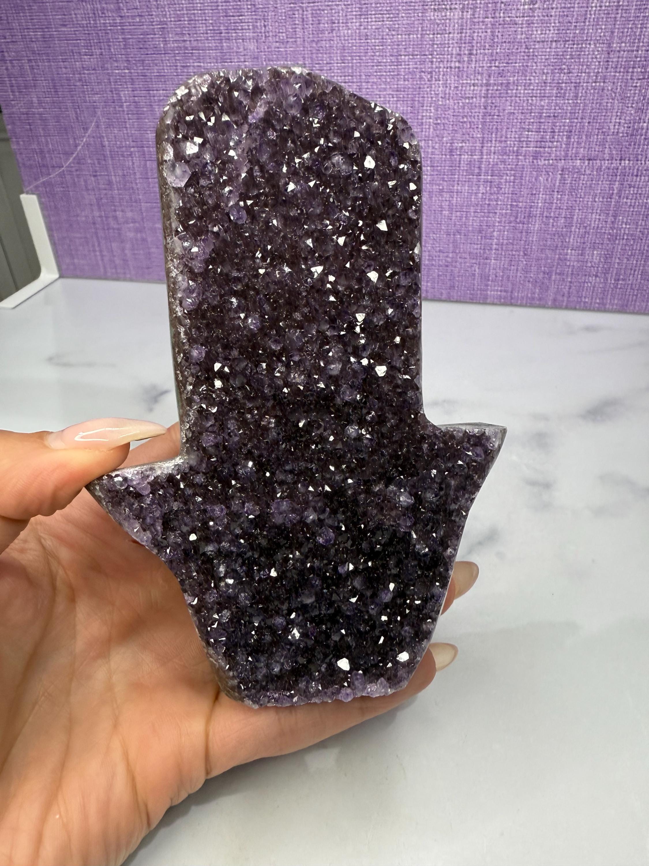 Large Amethyst Druzy Hamsa Hand Carving • Spiritual Protection, Peace Decor 3