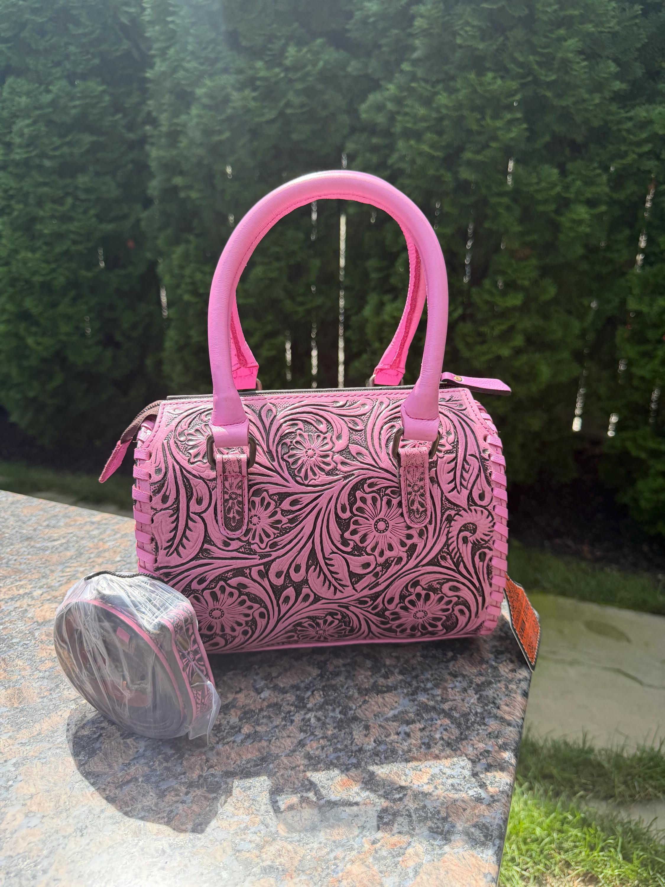 Small Pink Tooled Leather Speedy Bag – Western Floral Handbag 3