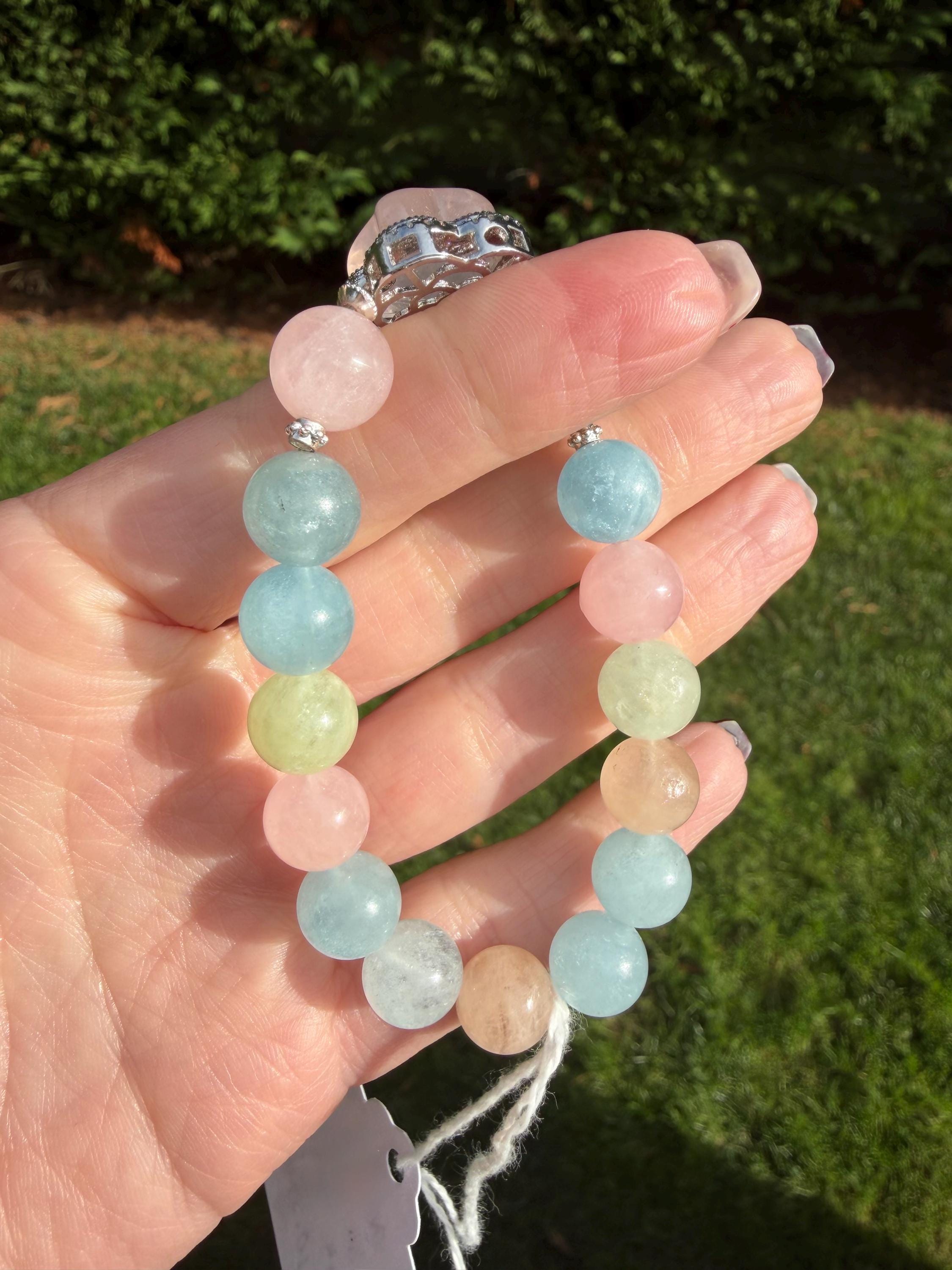 Mixed Beryl Bracelet with Rose Quartz Flower Charm • Aquamarine, Morganite, Heliodor Jewelry 3