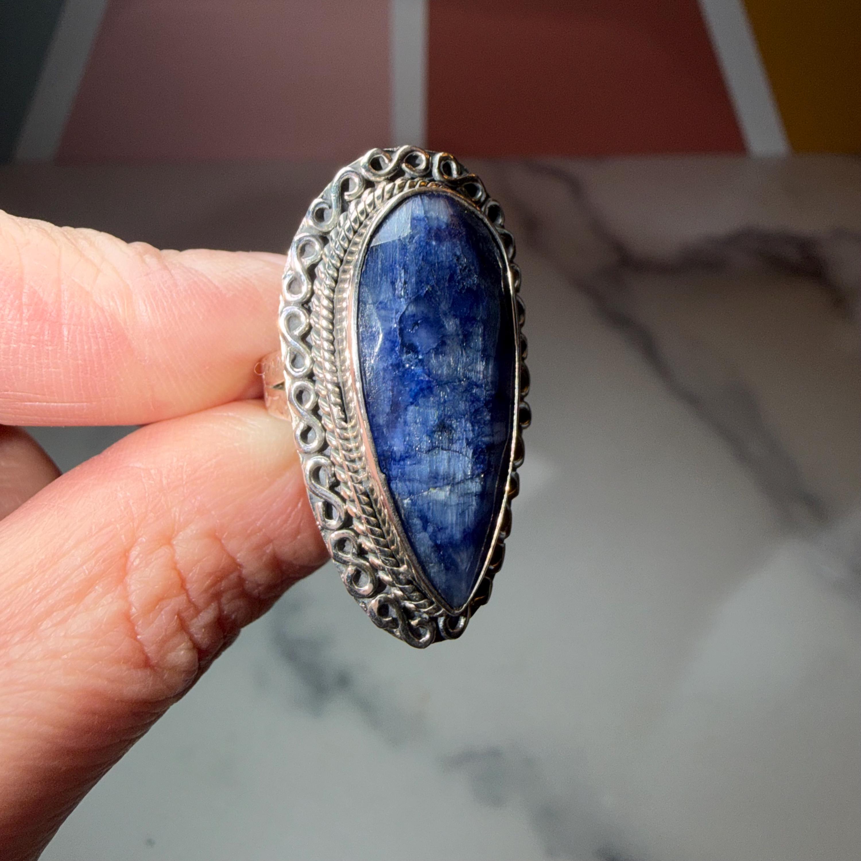Large Blue Kyanite Statement Ring • Sterling Silver Double Shank Band (Size 7) 3