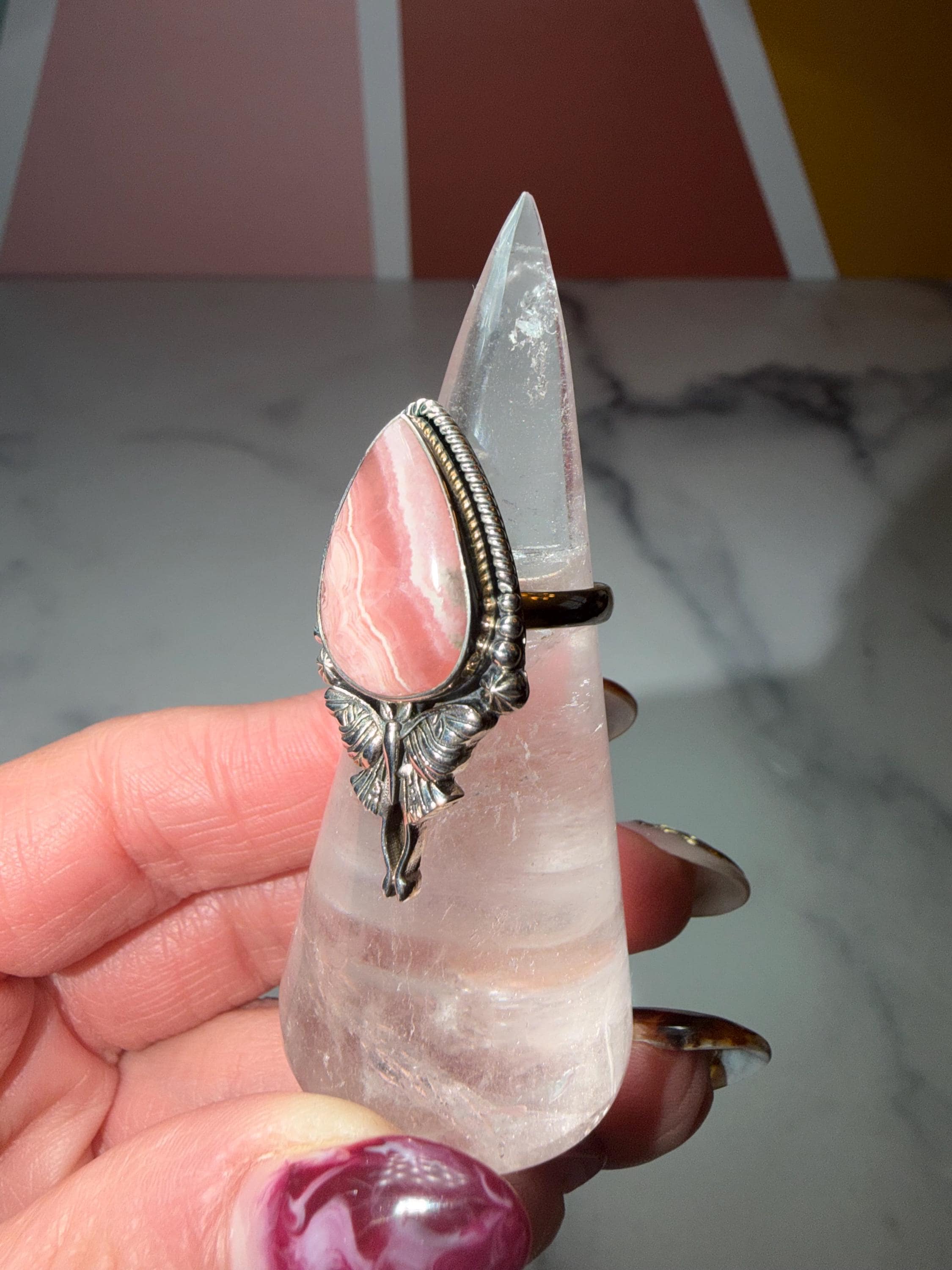 Rhodochrosite Luna Moth Ring • Sterling Silver Celestial Statement Jewelry (size 7) 12