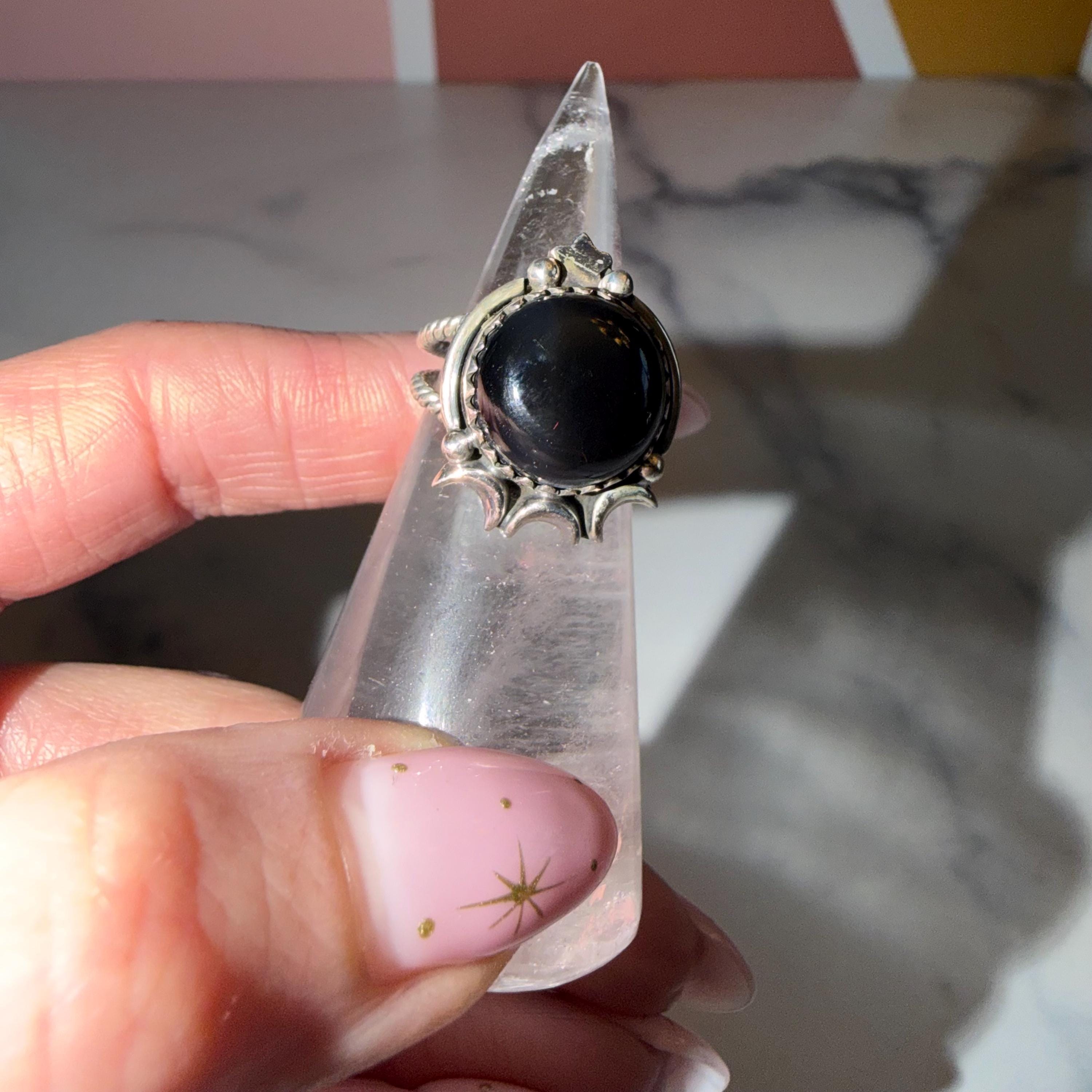 Black Onyx Celestial Ring • Sterling Silver Moon Star Statement Jewelry (size 6.5) 3