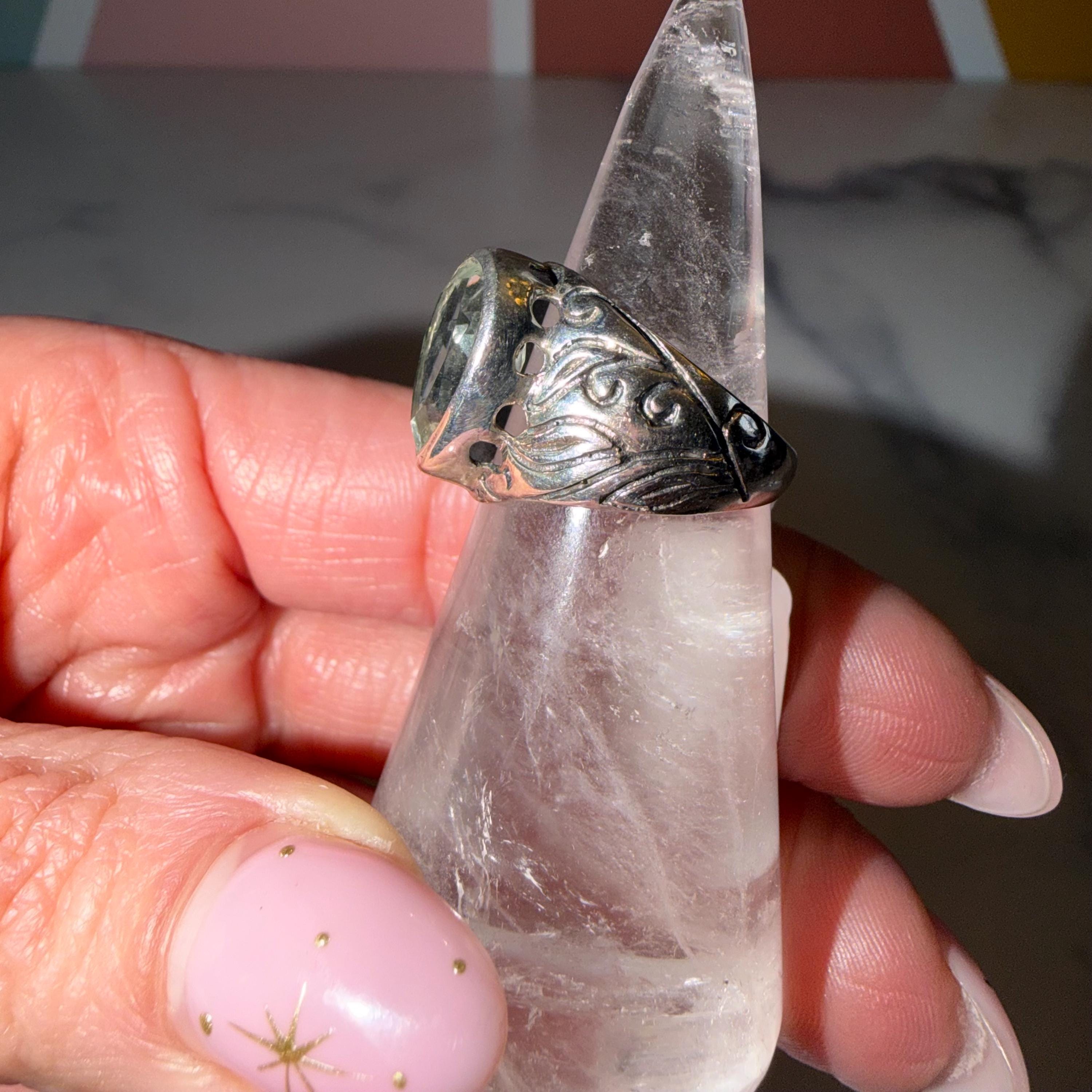 Prasiolite Teardrop Ring 925 Sterling Silver, Size 6, Green Amethyst Ring, Floral Cigar Band, Statement Gemstone Jewelry, Boho Ring 4