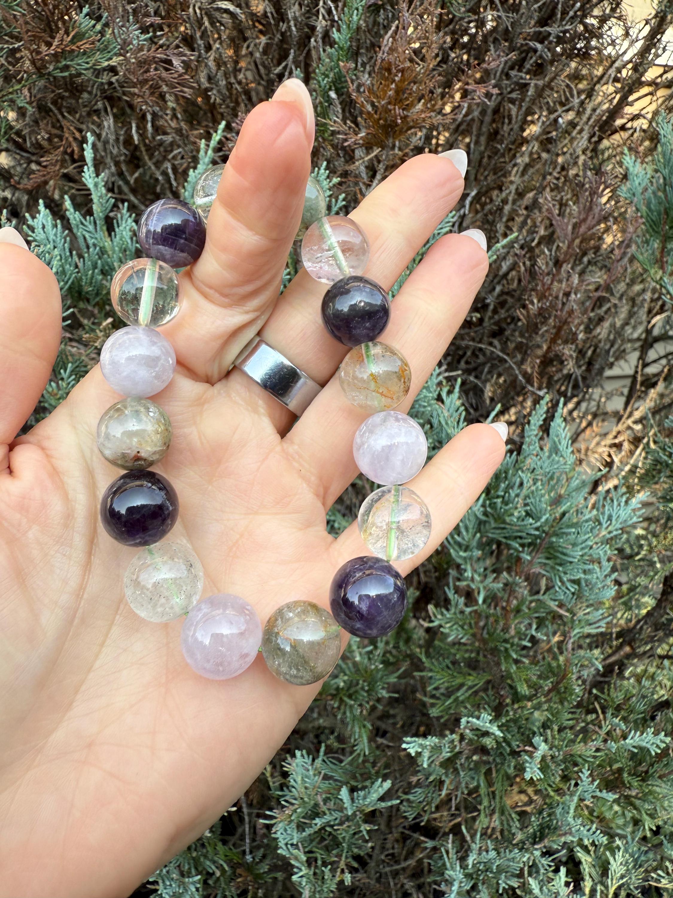 Garden Quartz, Purple Amethyst, and Rose Quartz 14mm Gemstone Bracelet Balance Energy 3
