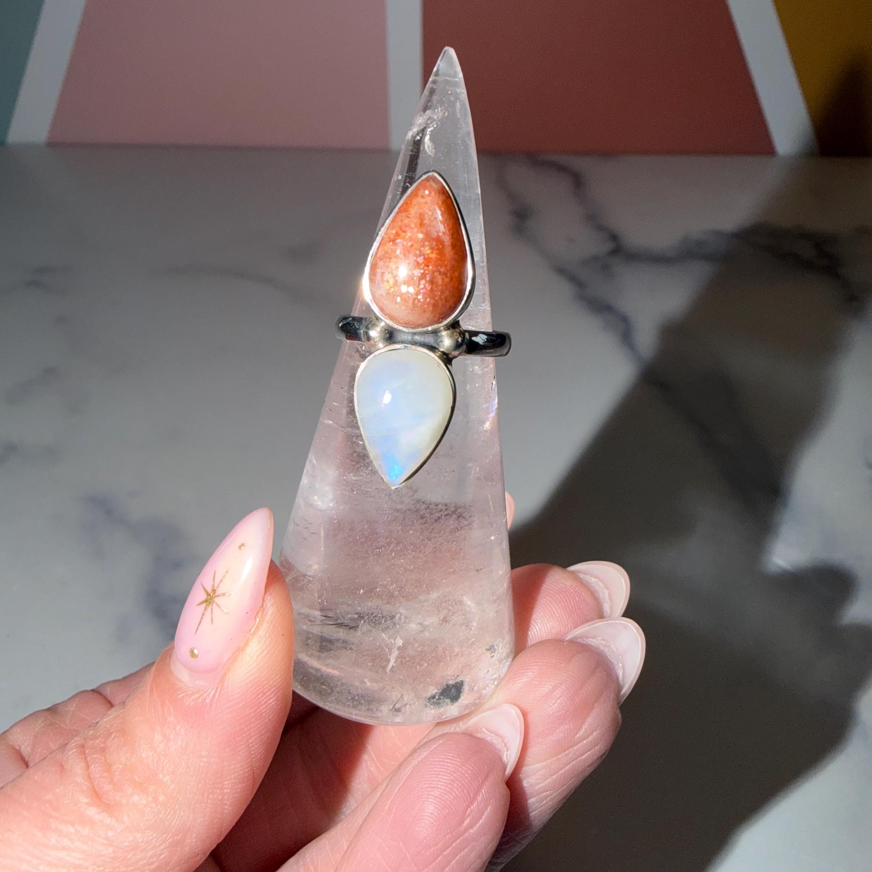 Sunstone & Moonstone Ring • 925 Sterling Silver • Size 6.25 • Celestial Gemstone Statement Ring • Boho Jewelry 2