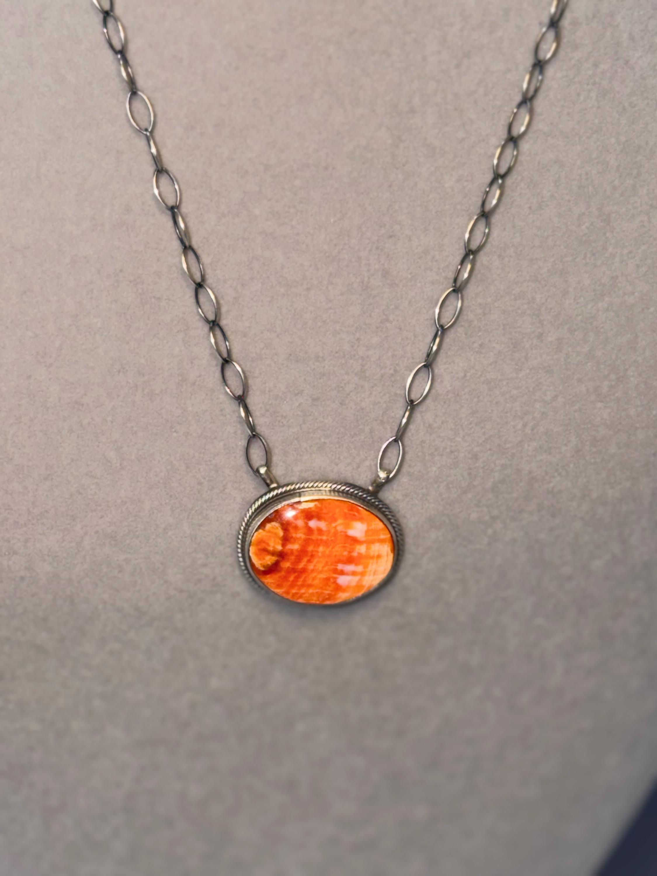 Orange Spiny Oyster Bar Necklace, Sterling Silver, Native Made Am, Southwest Style (19" Chain) 2