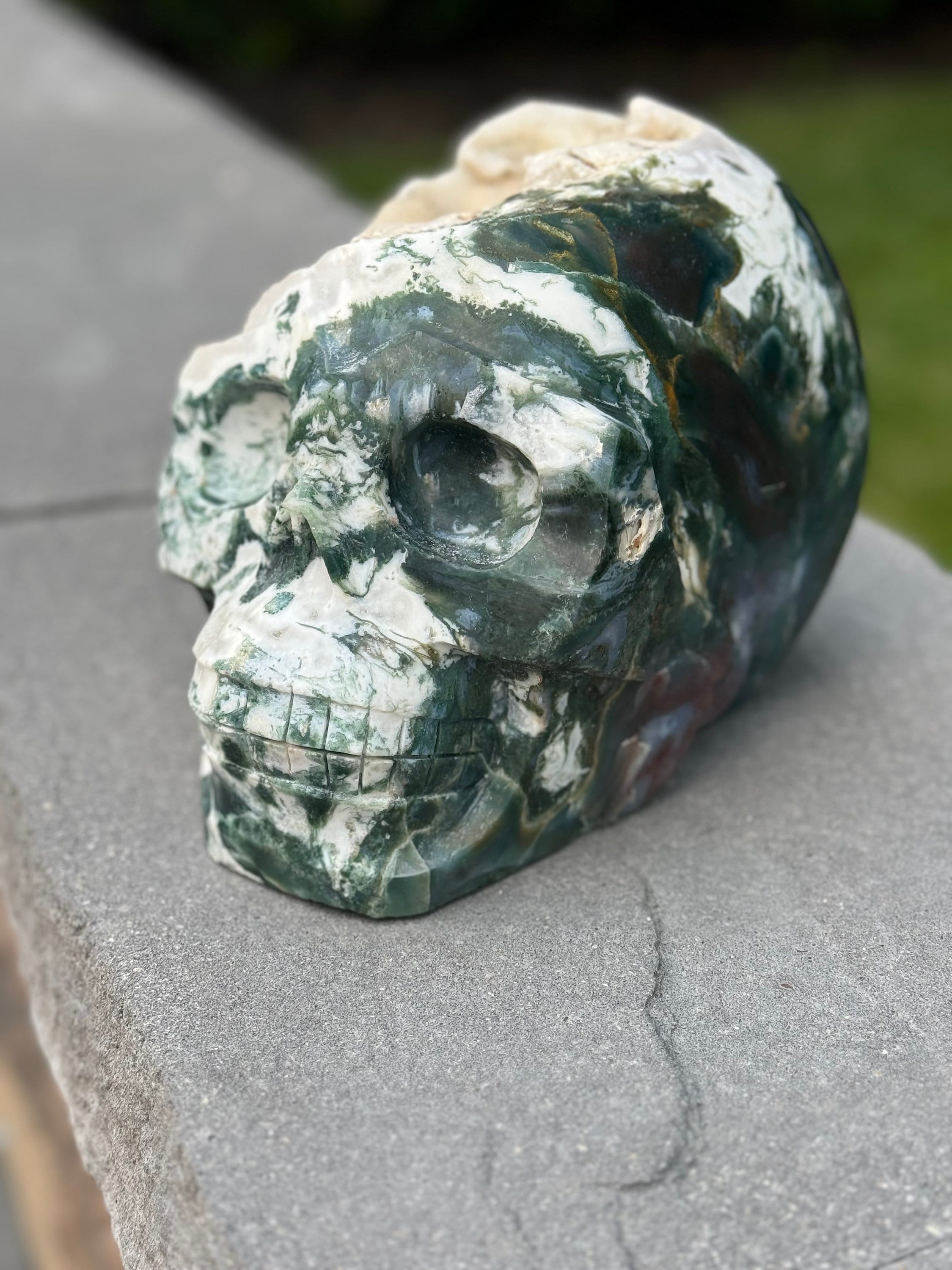 Moss Agate Skull Carving • Sugar Druzy Crystal Art, Spiritual Decor