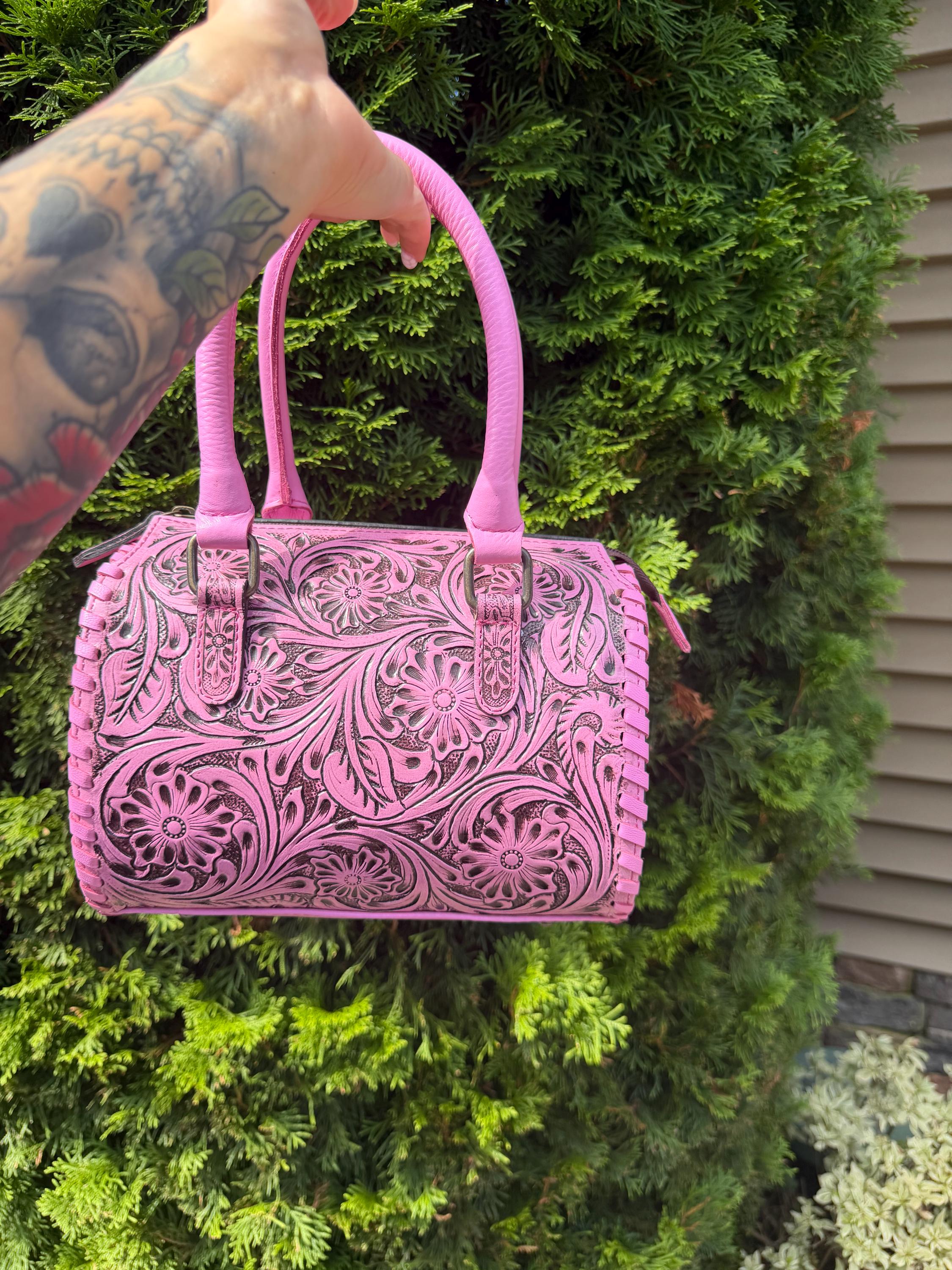 Small Pink Tooled Leather Speedy Bag – Western Floral Handbag 2