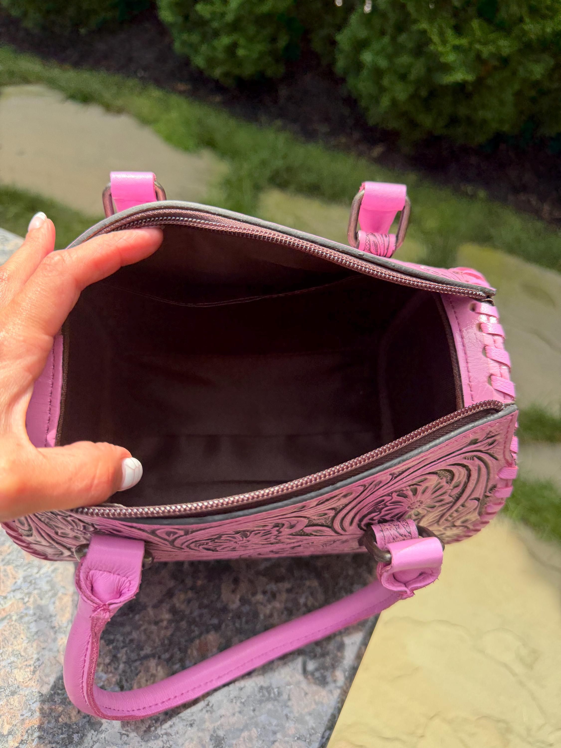 Small Pink Tooled Leather Speedy Bag – Western Floral Handbag 8