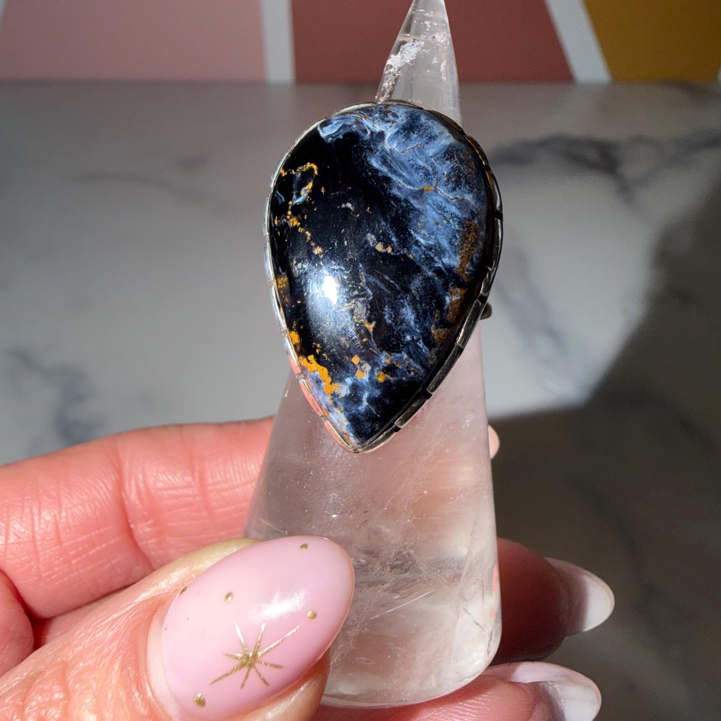 Large Pietersite Teardrop Ring • Sterling Silver Statement Gemstone Jewelry (Size 7)