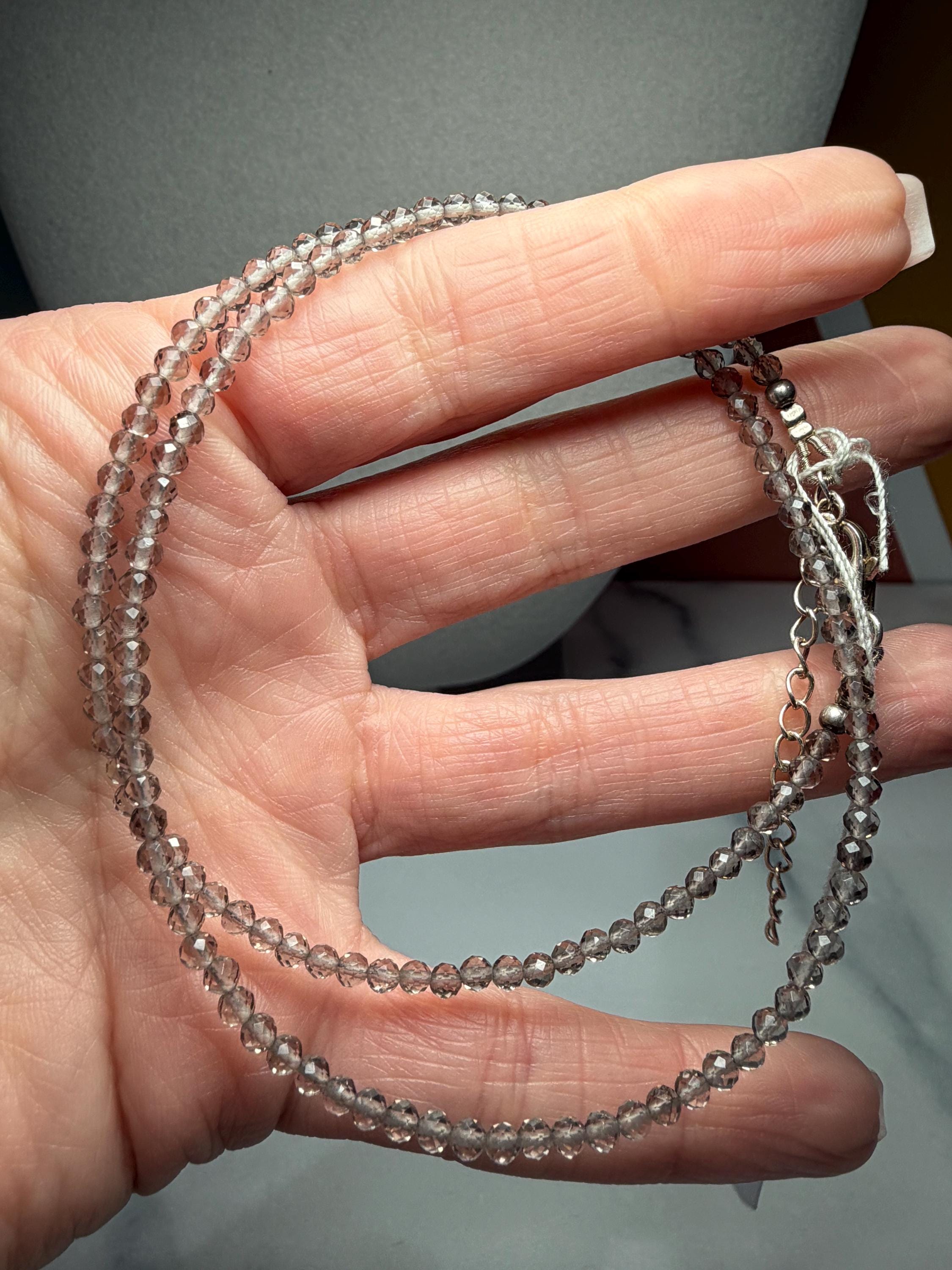 Faceted Smoky Quartz Beaded Necklace, Sterling Silver Chain, Dainty Brown Gemstone, Adjustable Length 4