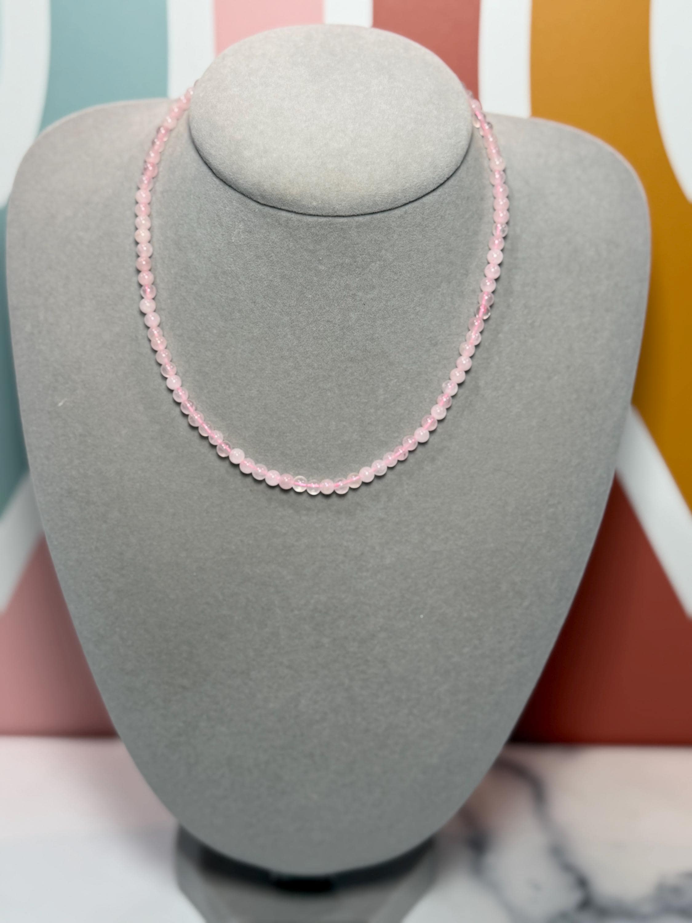 Polished Rose Quartz Beaded Necklace, 925 Sterling Silver, Pink Gemstone, Adjustable Chain