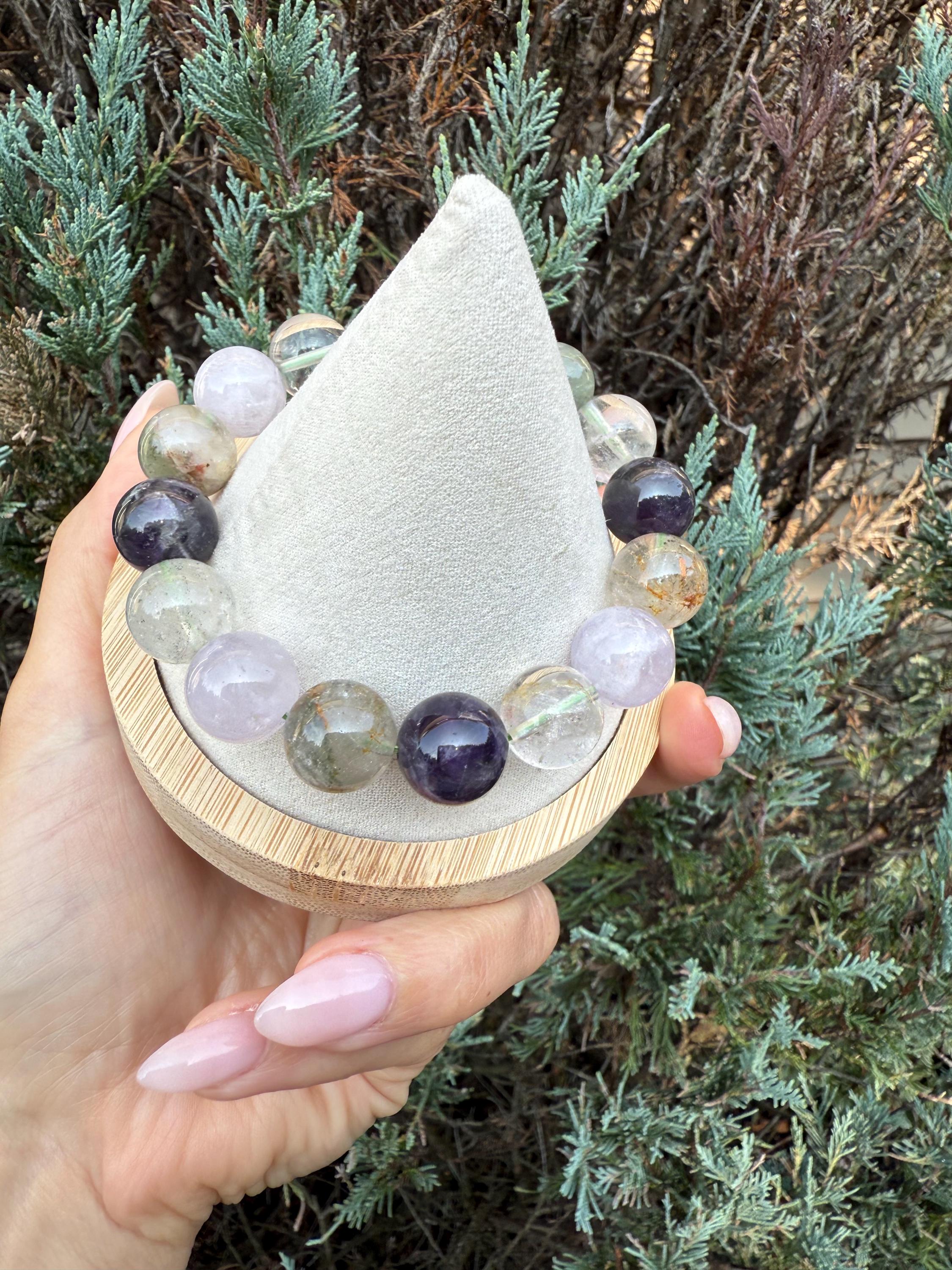 Garden Quartz, Purple Amethyst, and Rose Quartz 14mm Gemstone Bracelet Balance Energy 10