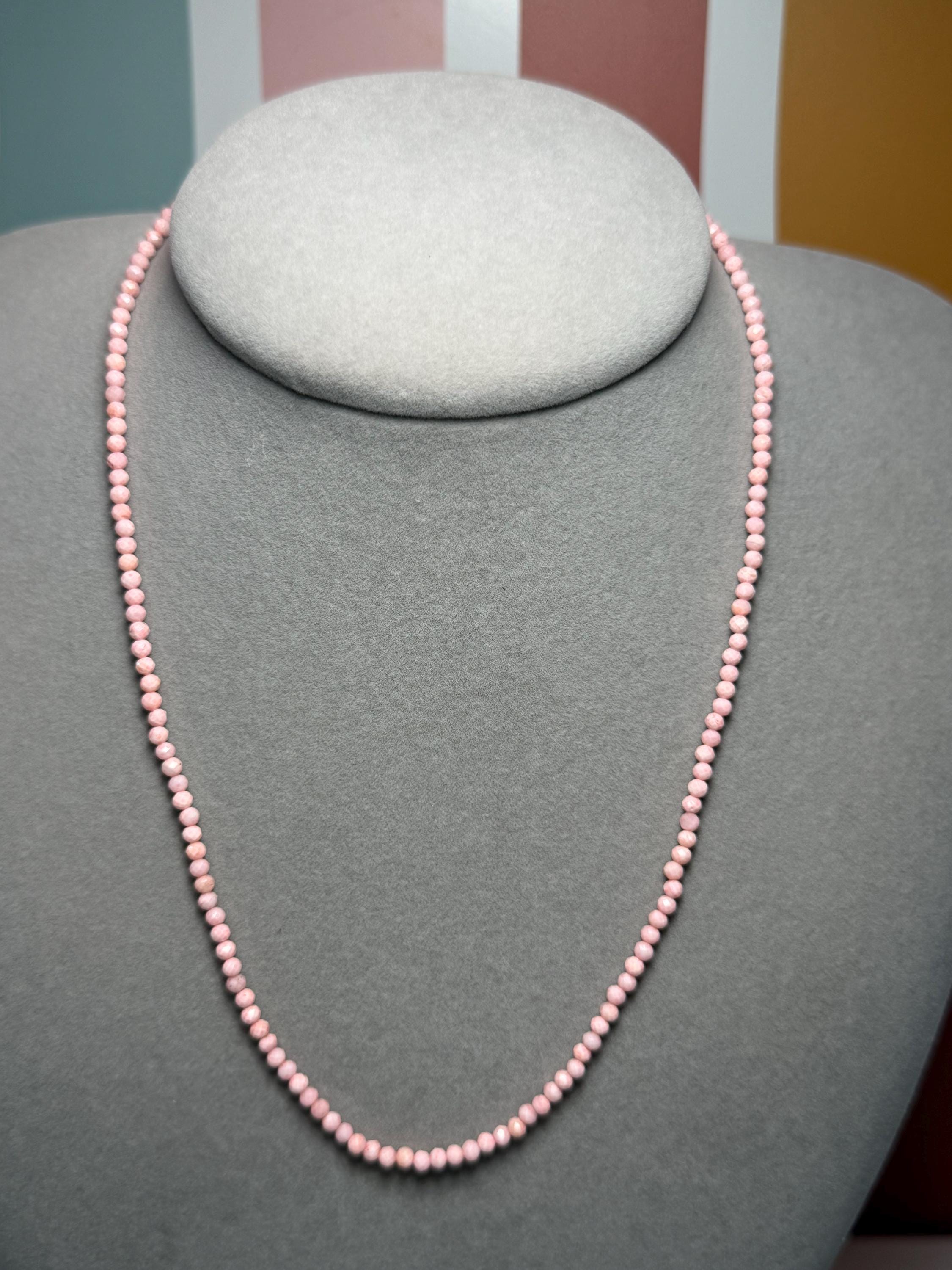 Dainty Pink Opal Beaded Necklace, Sterling Silver Chain, Adjustable Length