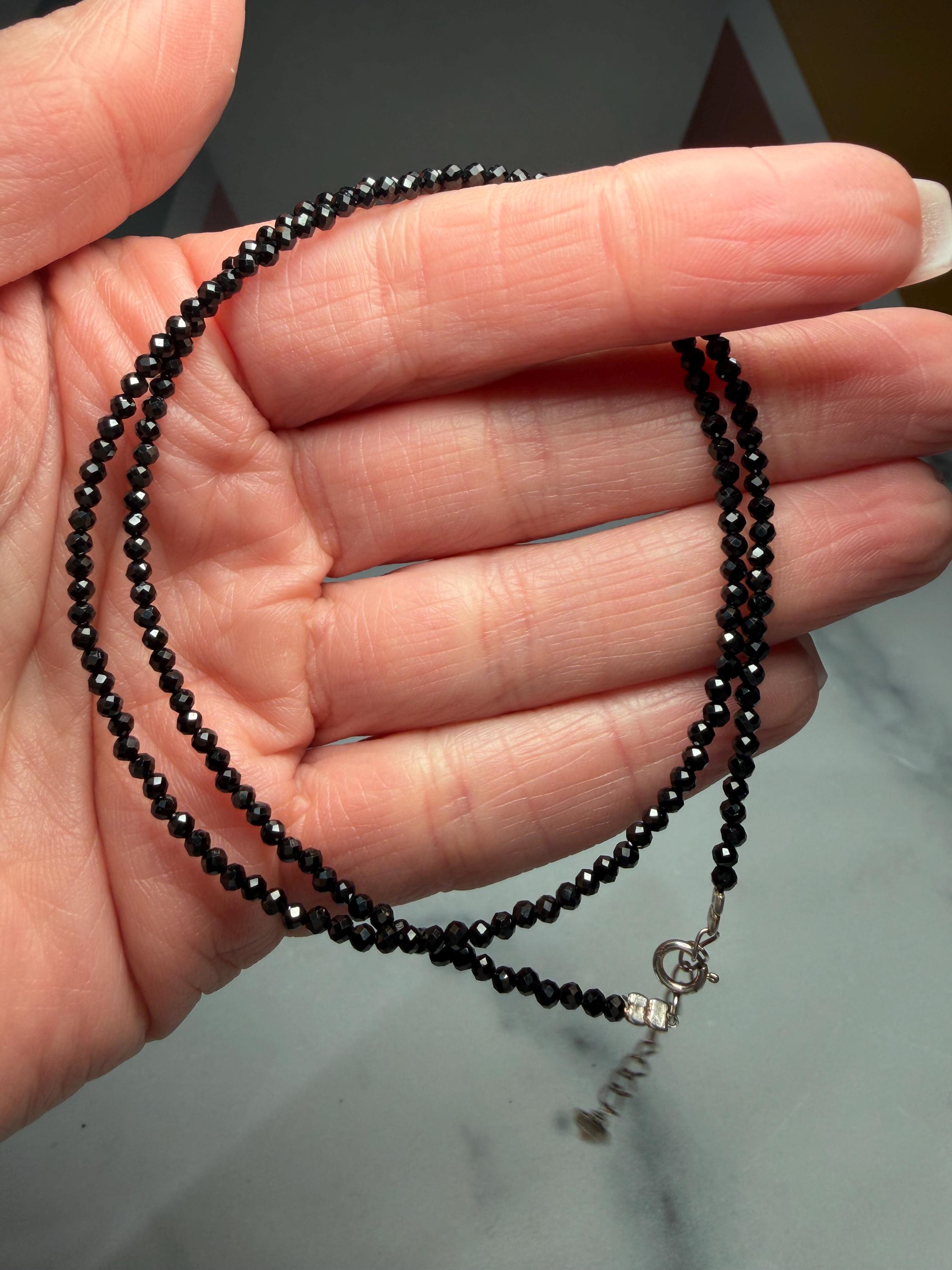 Faceted Black Spinel Beaded Necklace Sterling Silver Dainty Gemstone Chain (16 Inch + 1.5 Inch Extender) 3