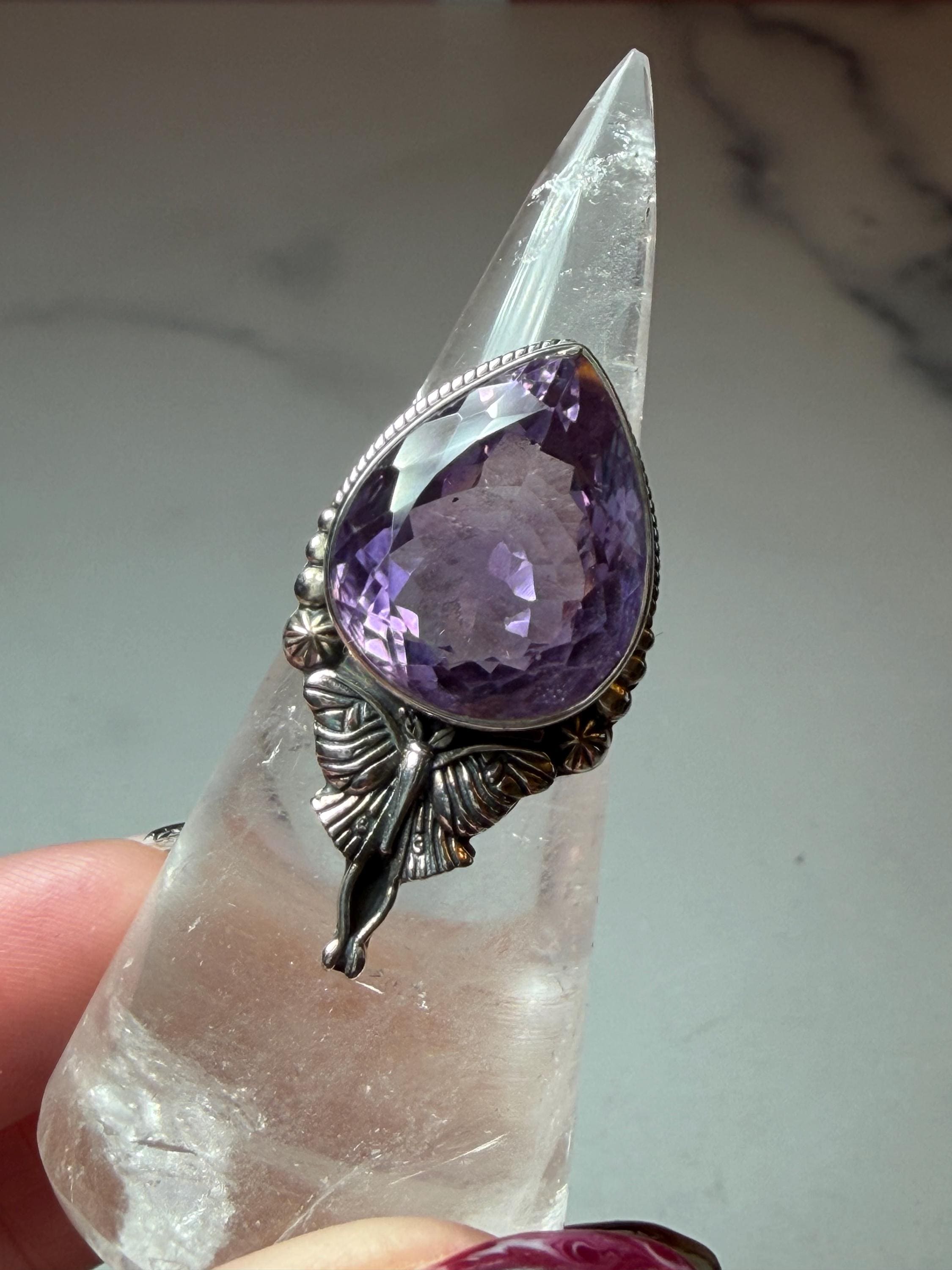 Faceted Amethyst Luna Moth Ring • Sterling Silver • Gothic Boho Crystal Statement Jewelry (size 7) 2