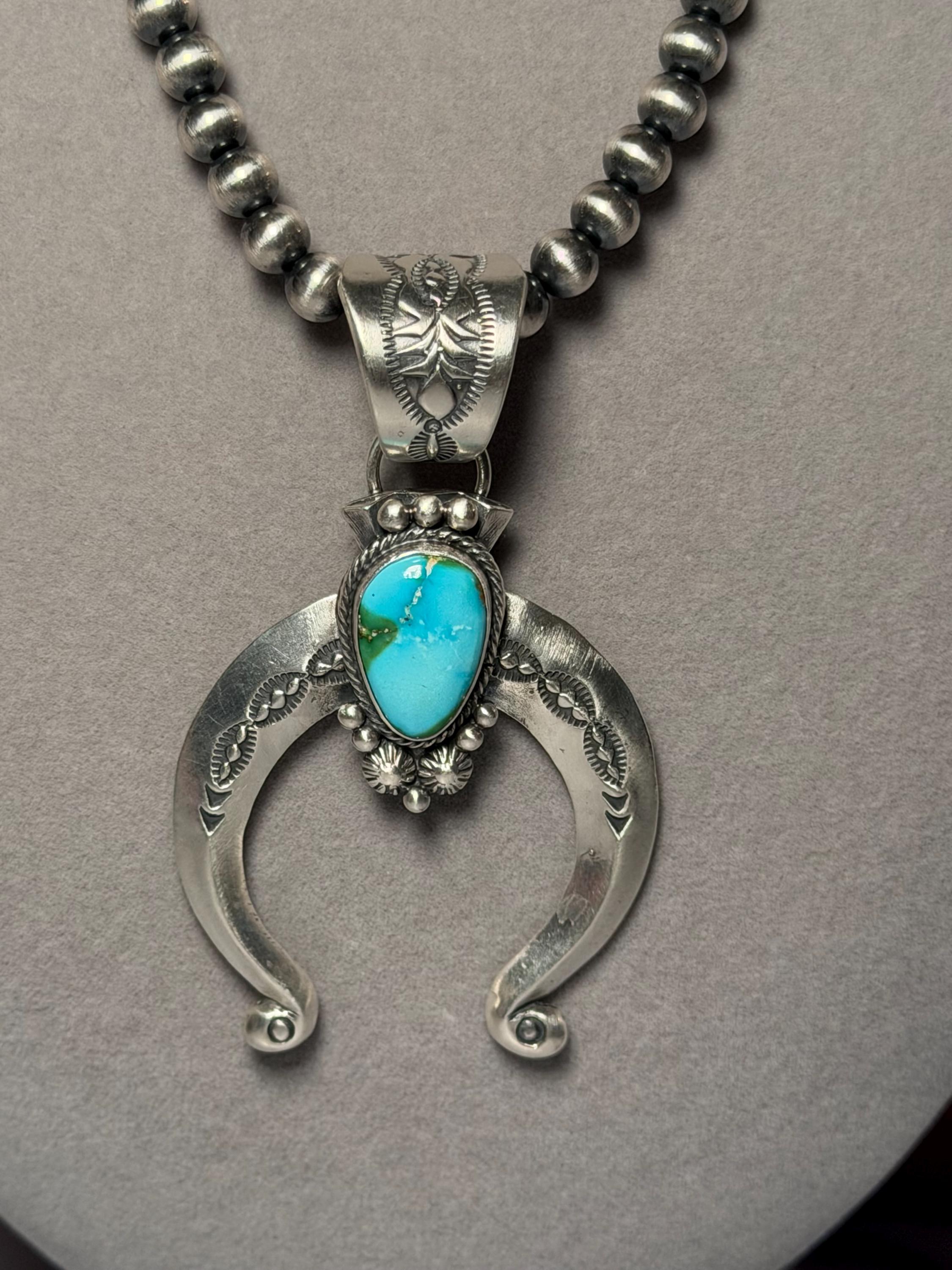 Sonoran Gold Turquoise Naja Pendant with Navajo Pearls, Sterling Silver Native Handmade Stamped Necklace, 18 Inch 6mm Pearls 5