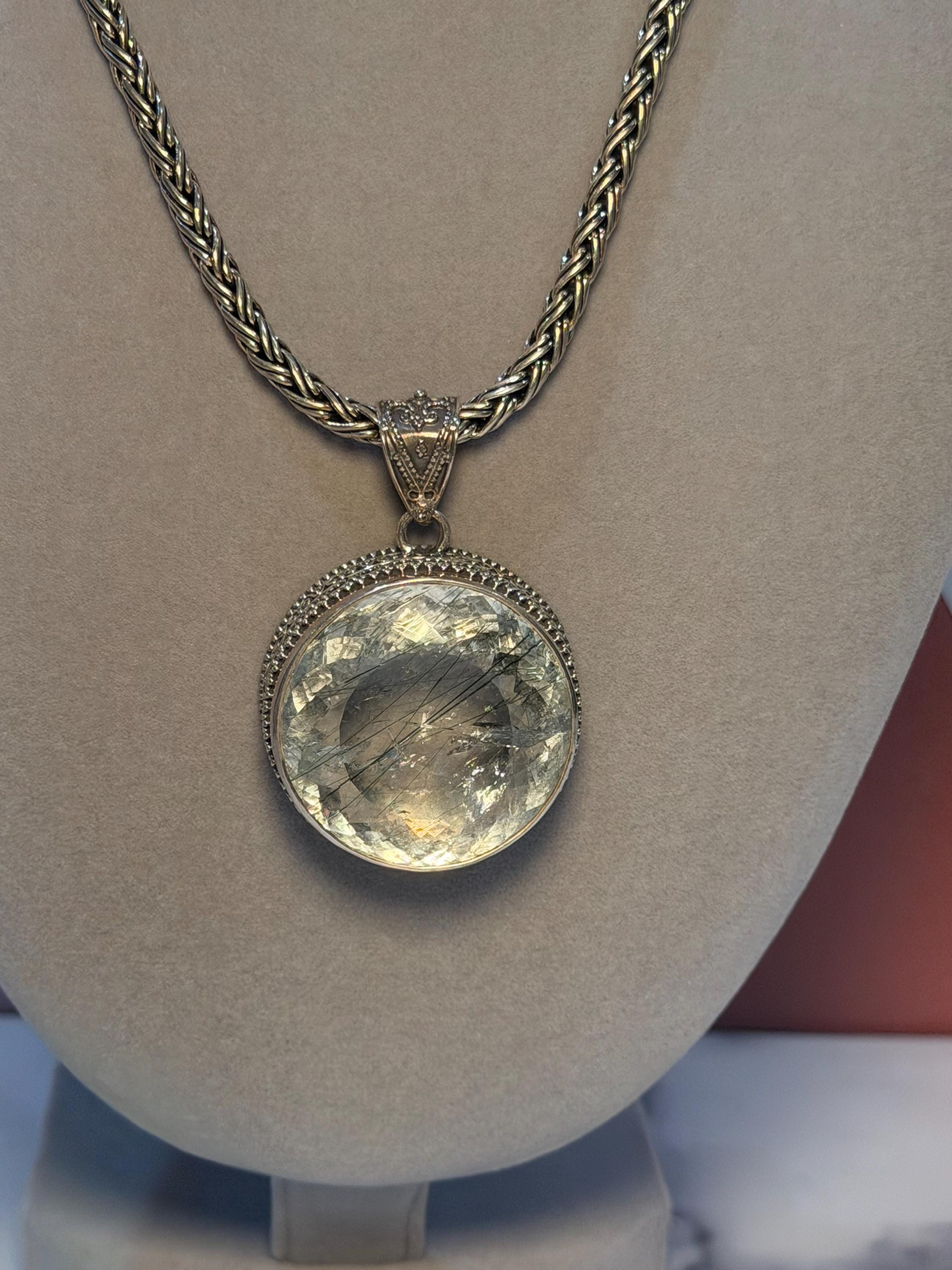 Faceted Rutilated Quartz Pendant, Black Rutile Sterling Silver Ornate Necklace 10