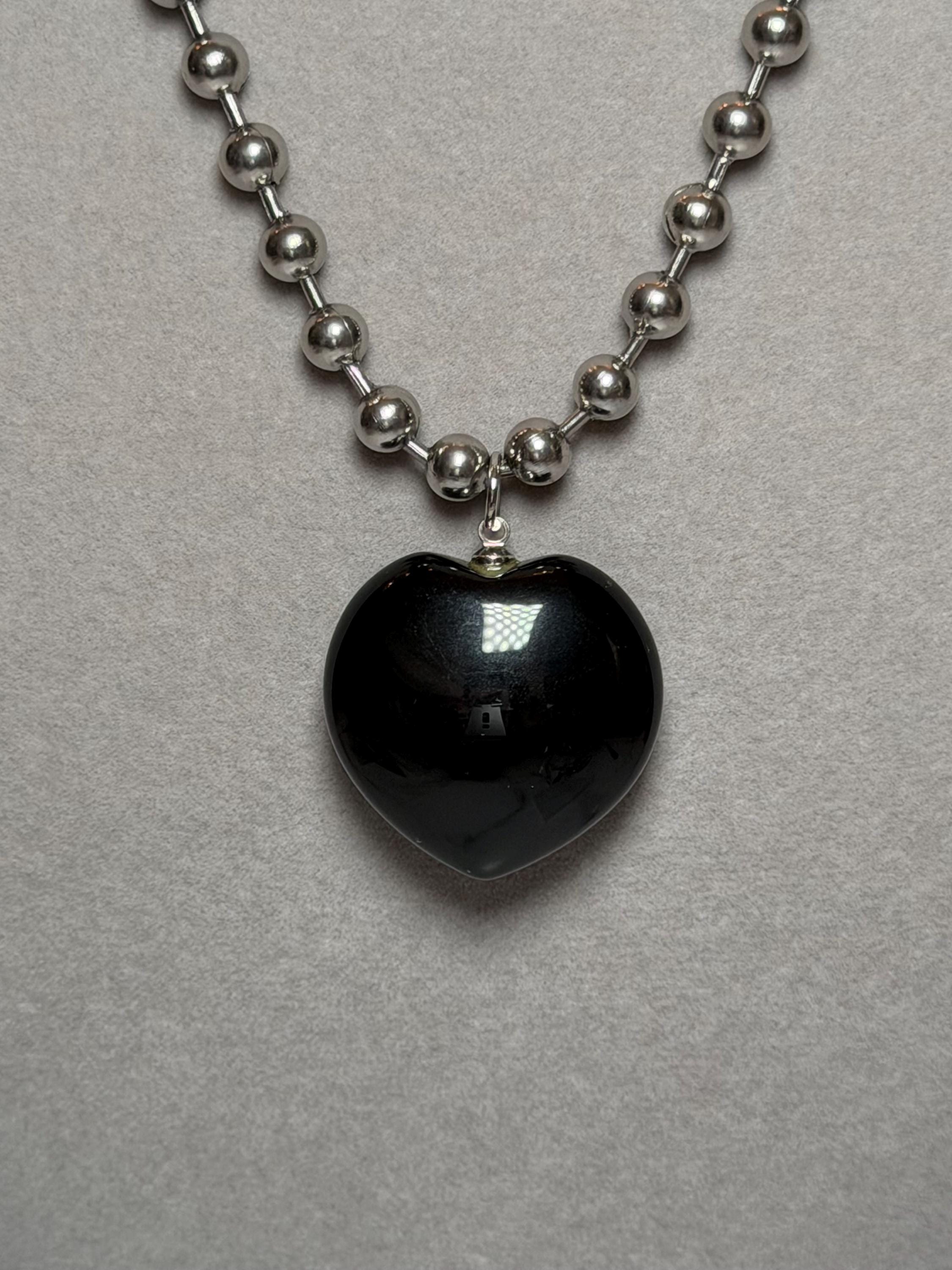 Black Obsidian Heart Necklace, Sterling Silver Ball Chain, 17 Inch Pendant 4