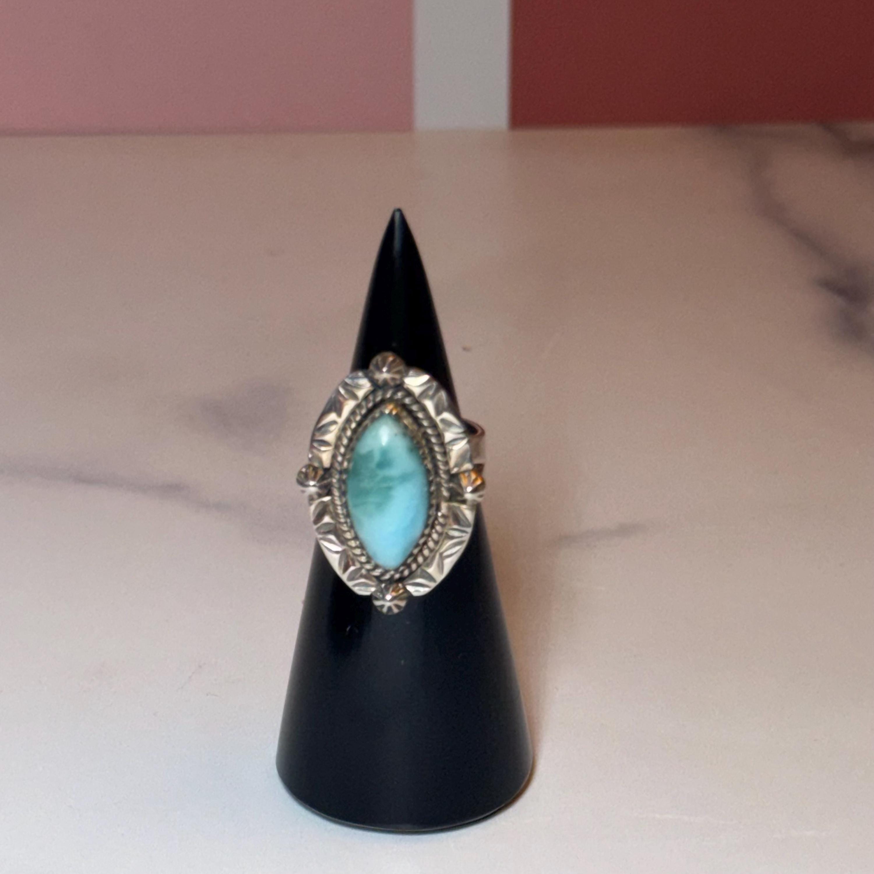 Marquise Larimar Ring, Sterling Silver 925, Natural Caribbean Gemstone, Statement Jewelry (size 6) 3