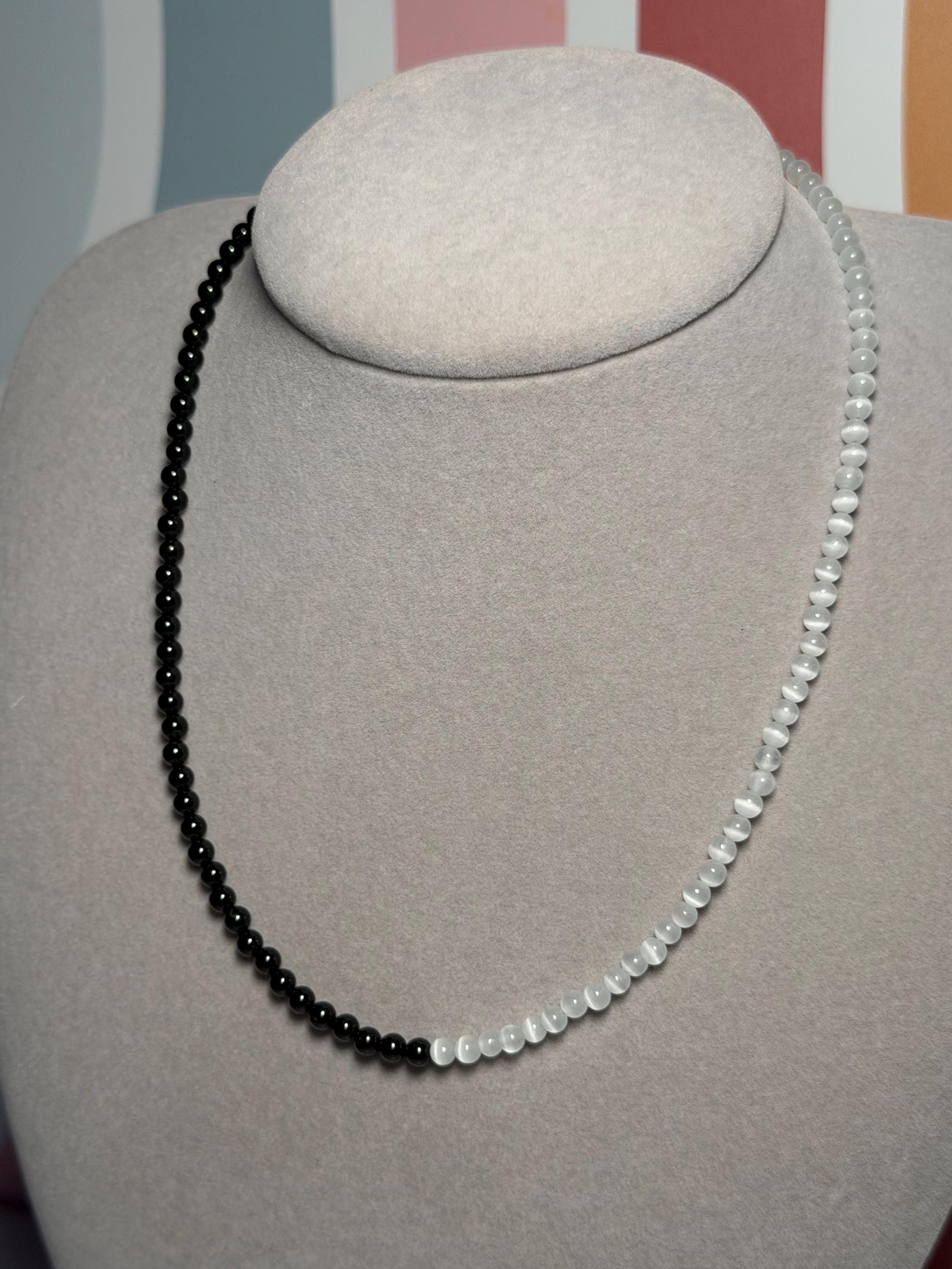 Selenite Black Obsidian Beaded Necklace, Gold Plated Clasp, 17.5 Inch 2