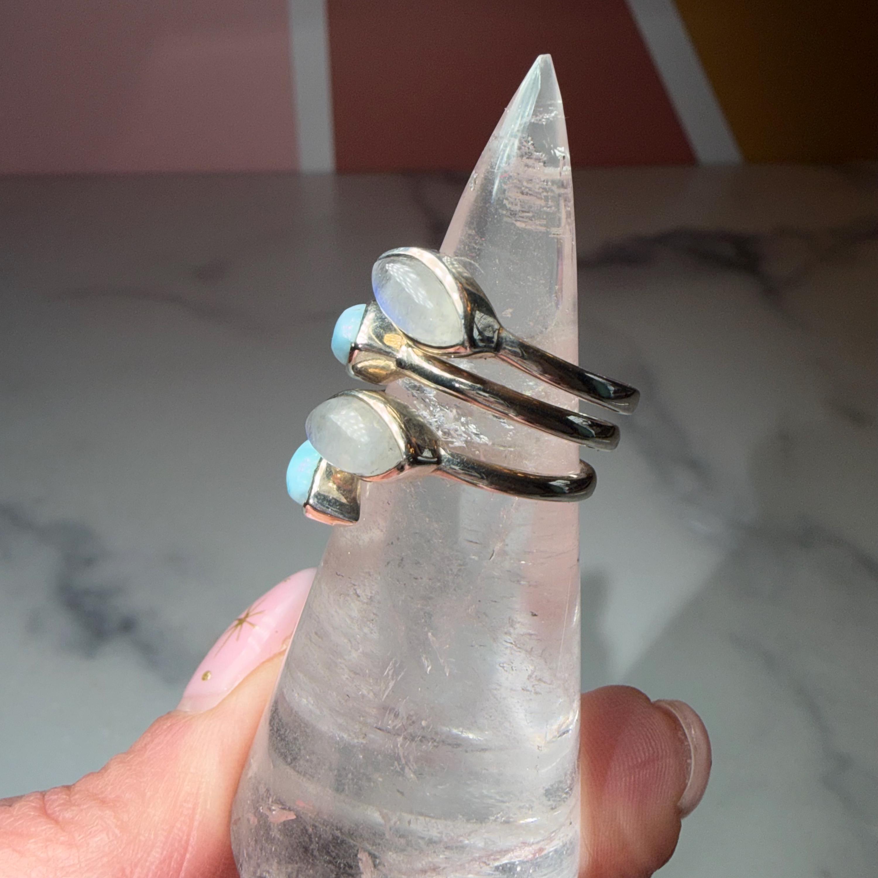 Larimar Moonstone Sterling Silver Statement Ring Size 7, Ocean Celestial Jewelry 4