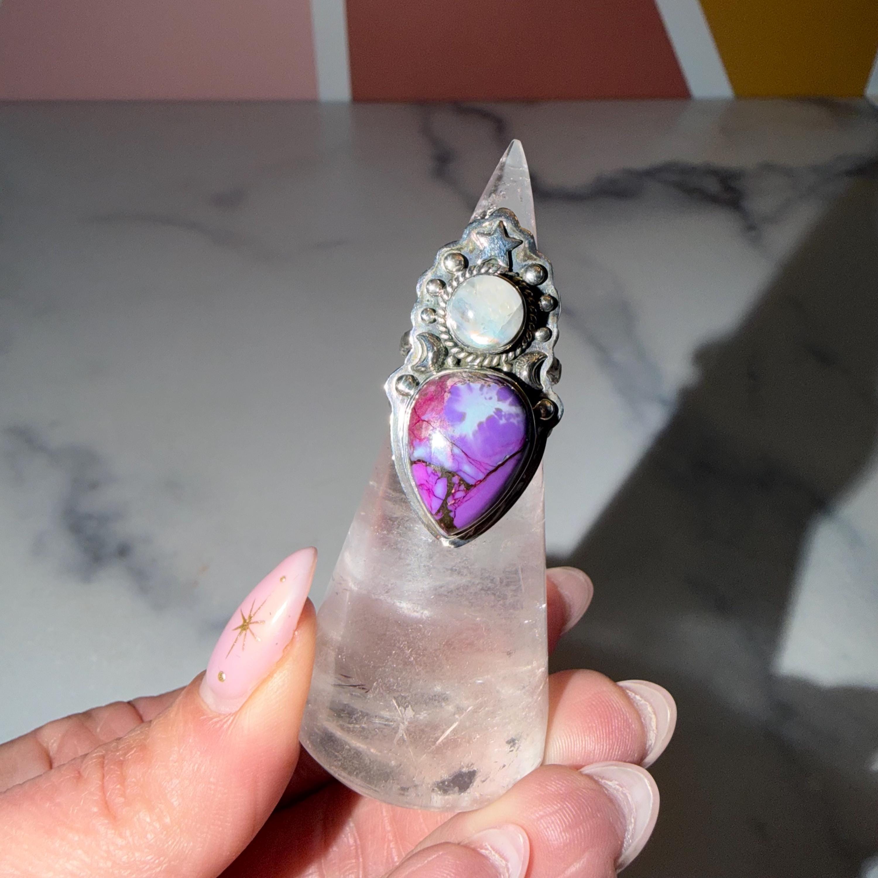Sterling Silver Statement Ring, Purple Turquoise Moonstone, Gothic Boho Western Style, Size 5.5 2