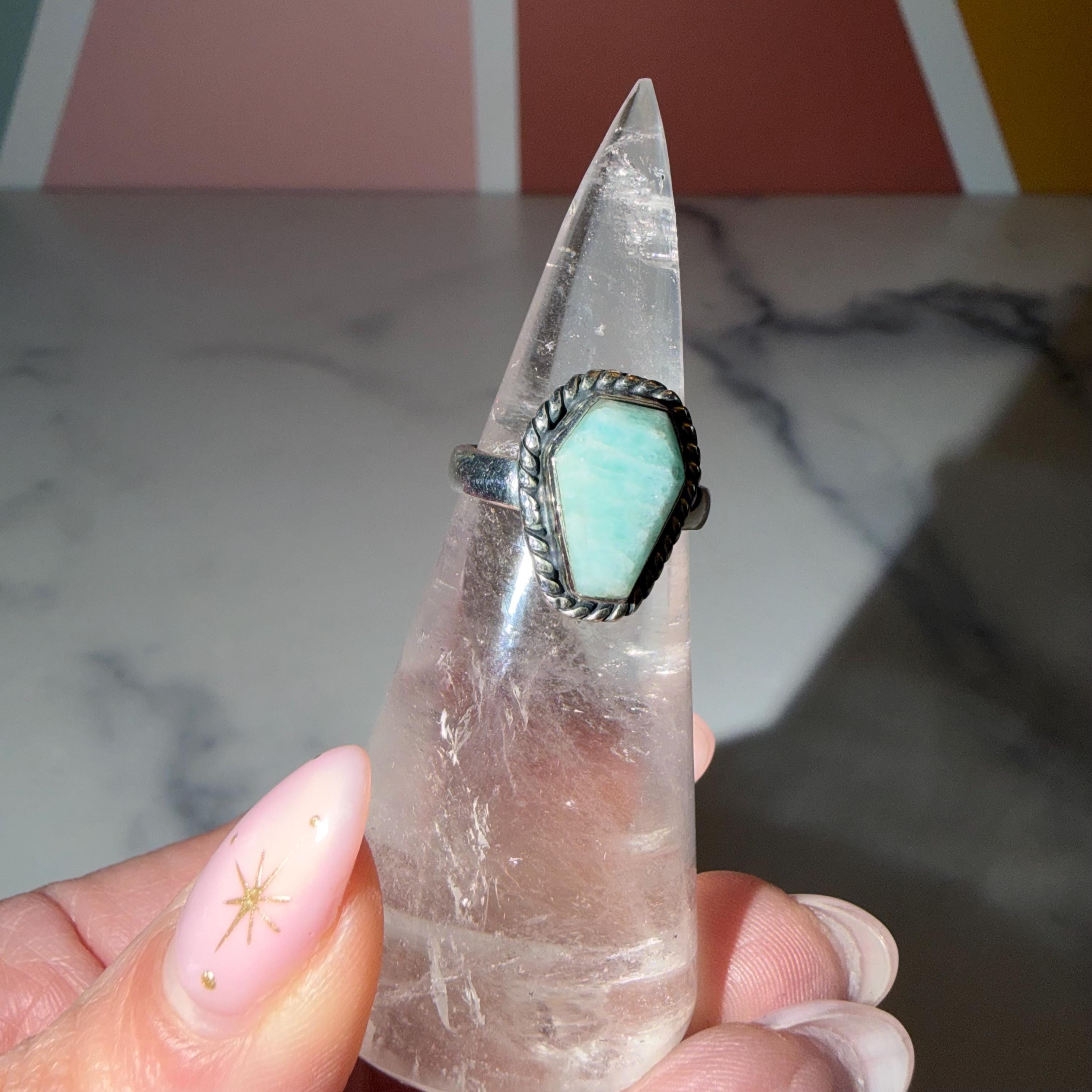 Amazonite Coffin Ring • 925 Sterling Silver • Size 6 • Gothic Gemstone Ring • Statement Crystal Jewelry • Boho Witchy Ring 2