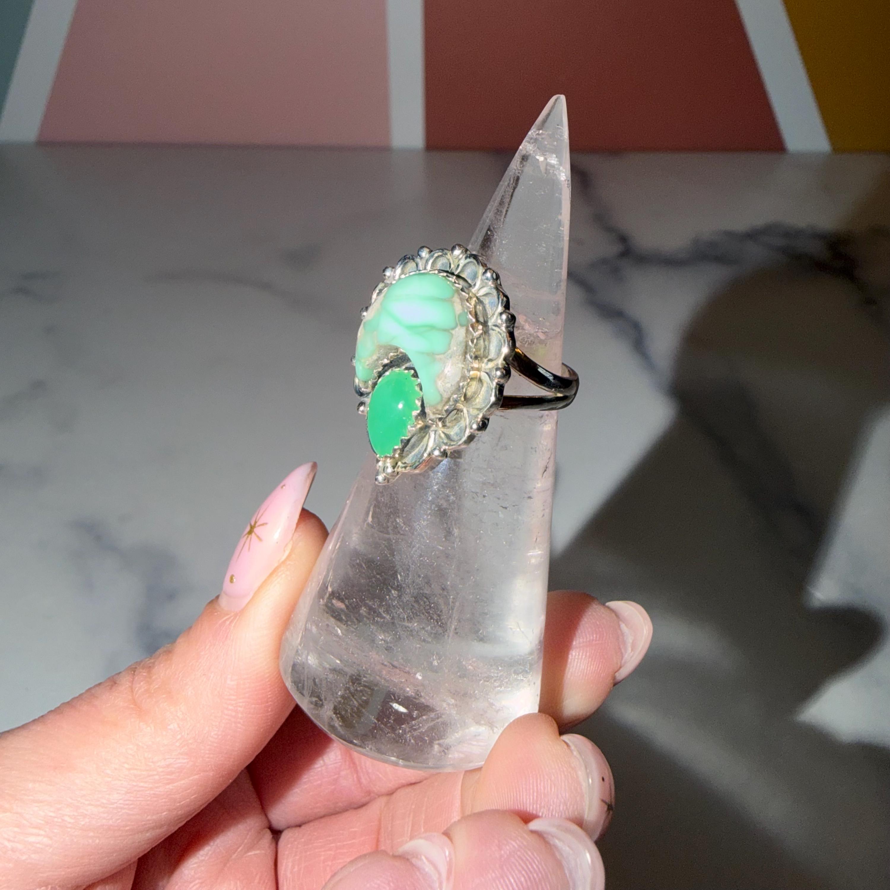 Variscite Chrysoprase Moon Ring • 925 Sterling Silver Statement Gemstone Boho Jewelry (Size 6) 3