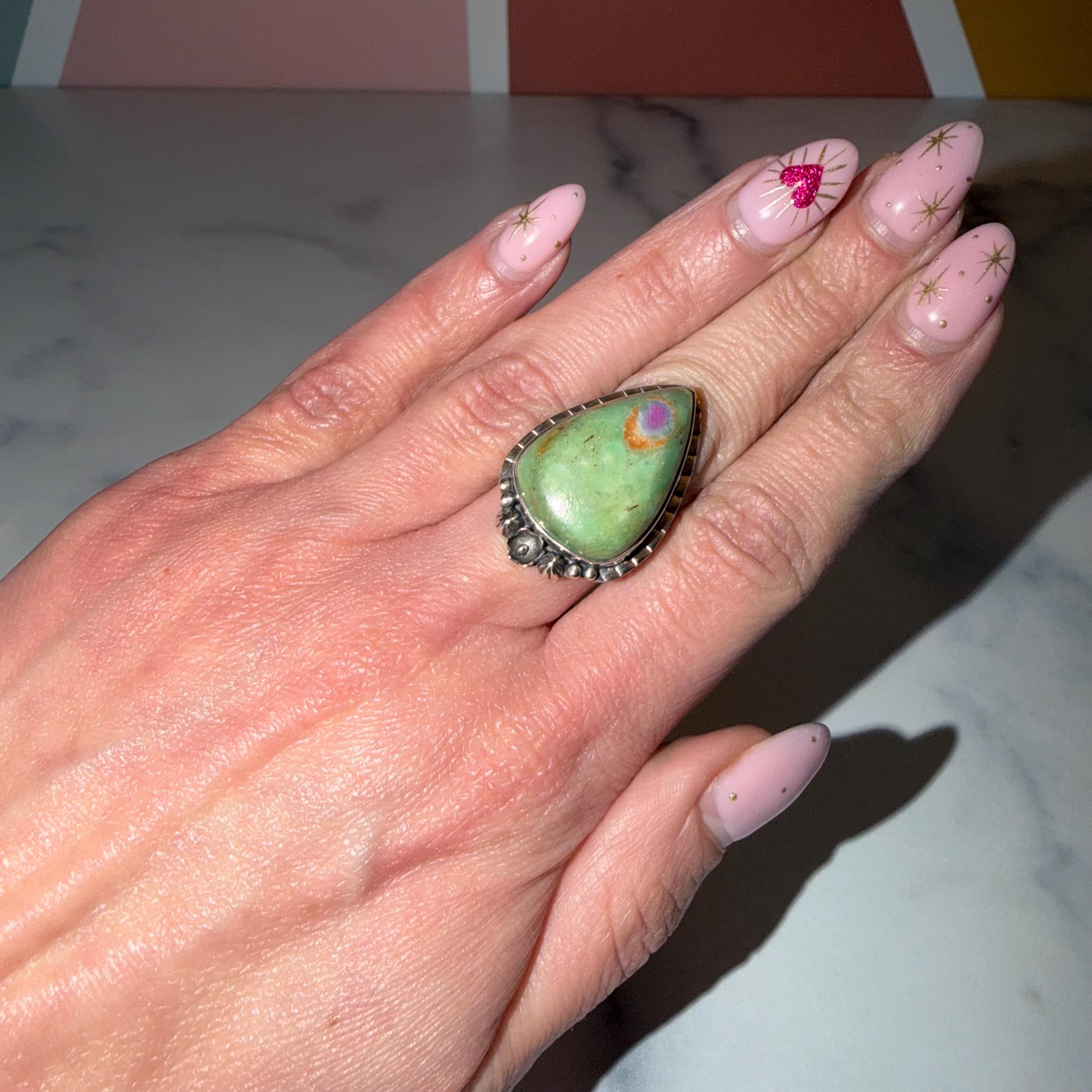 Large Ruby Fuchsite Teardrop Ring • Sterling Silver Floral Setting • Boho Statement Jewelry (Size 6.75) 4