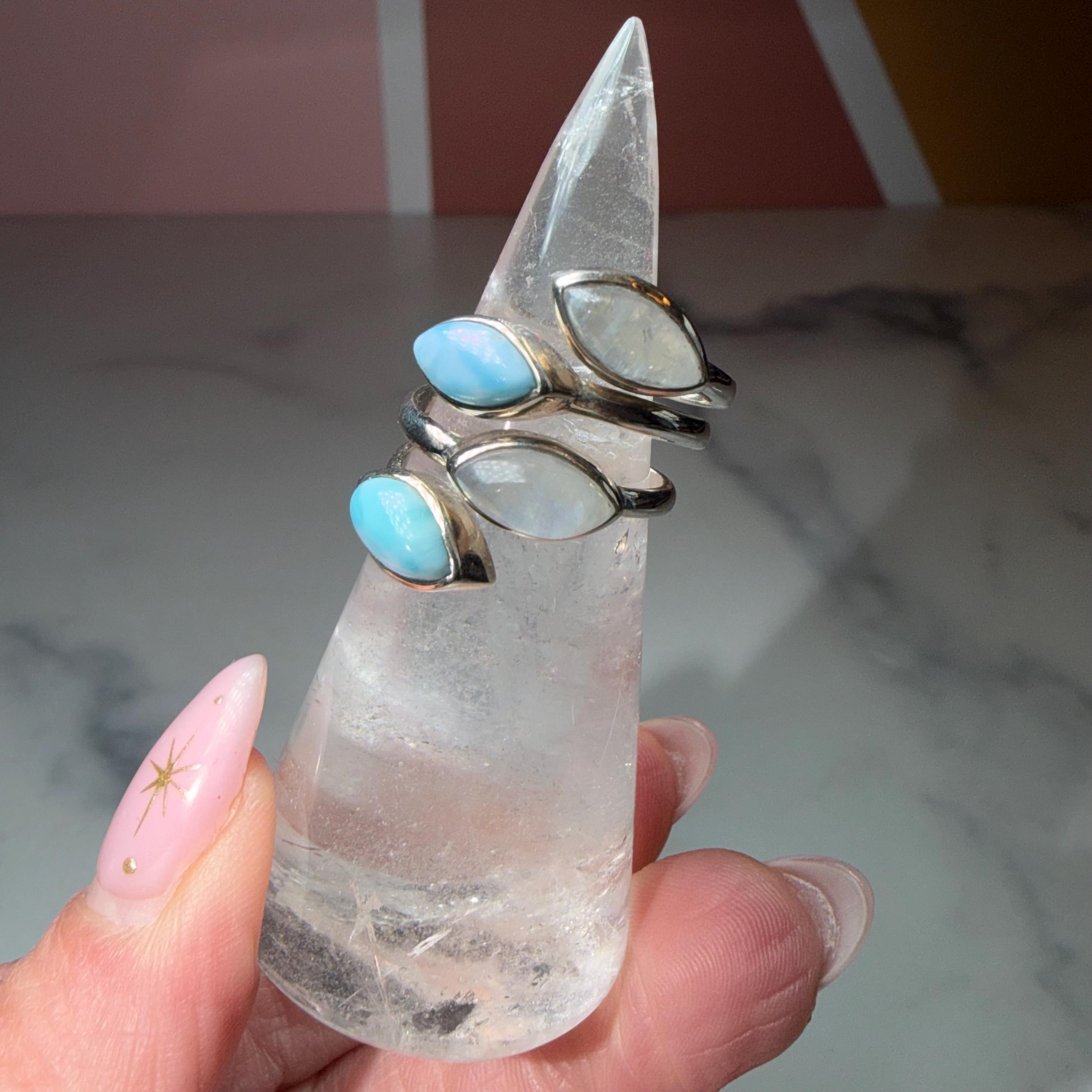 Larimar Moonstone Sterling Silver Statement Ring Size 7, Ocean Celestial Jewelry 3