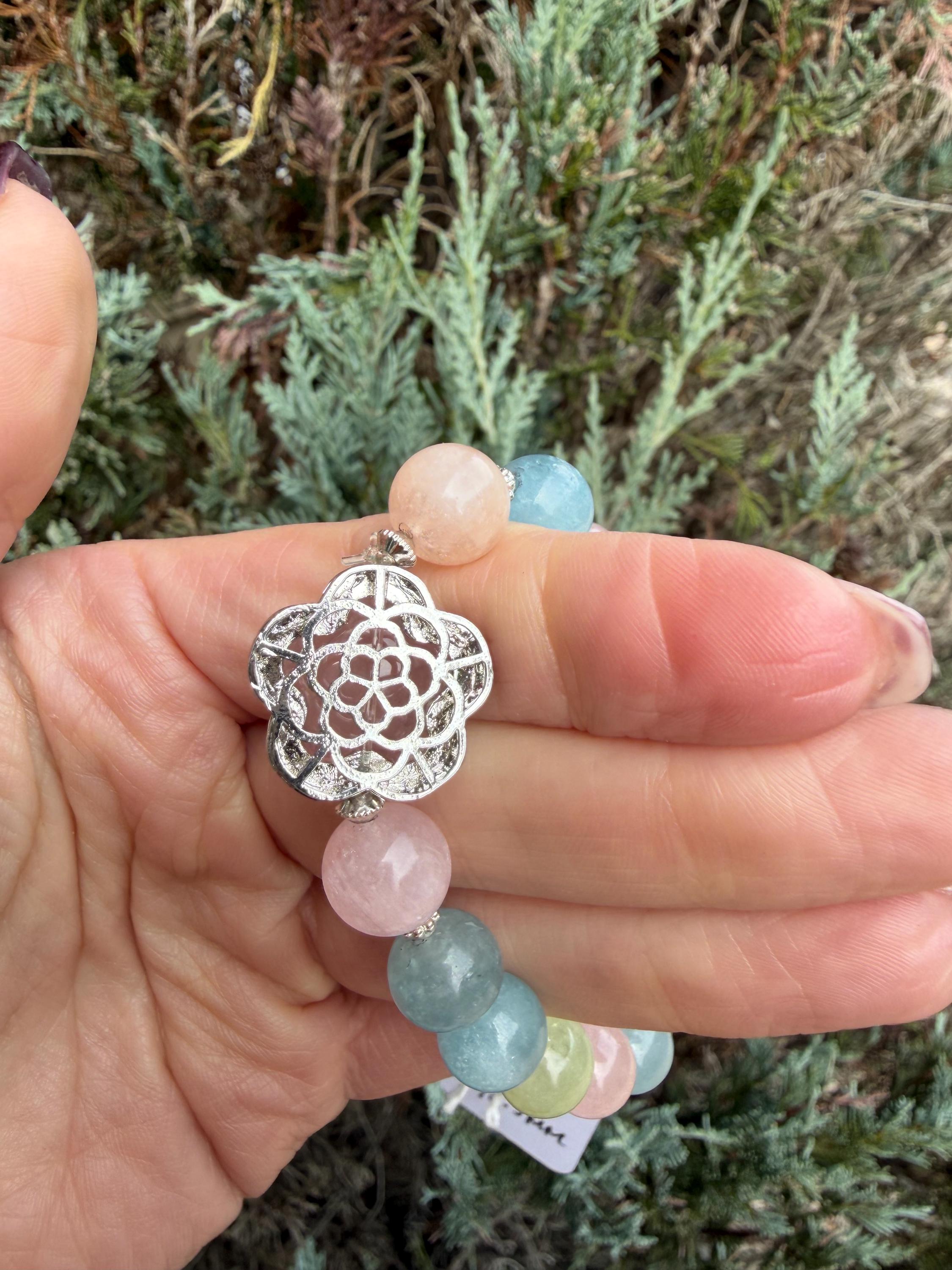 Mixed Beryl Bracelet with Rose Quartz Flower Charm • Aquamarine, Morganite, Heliodor Jewelry 5