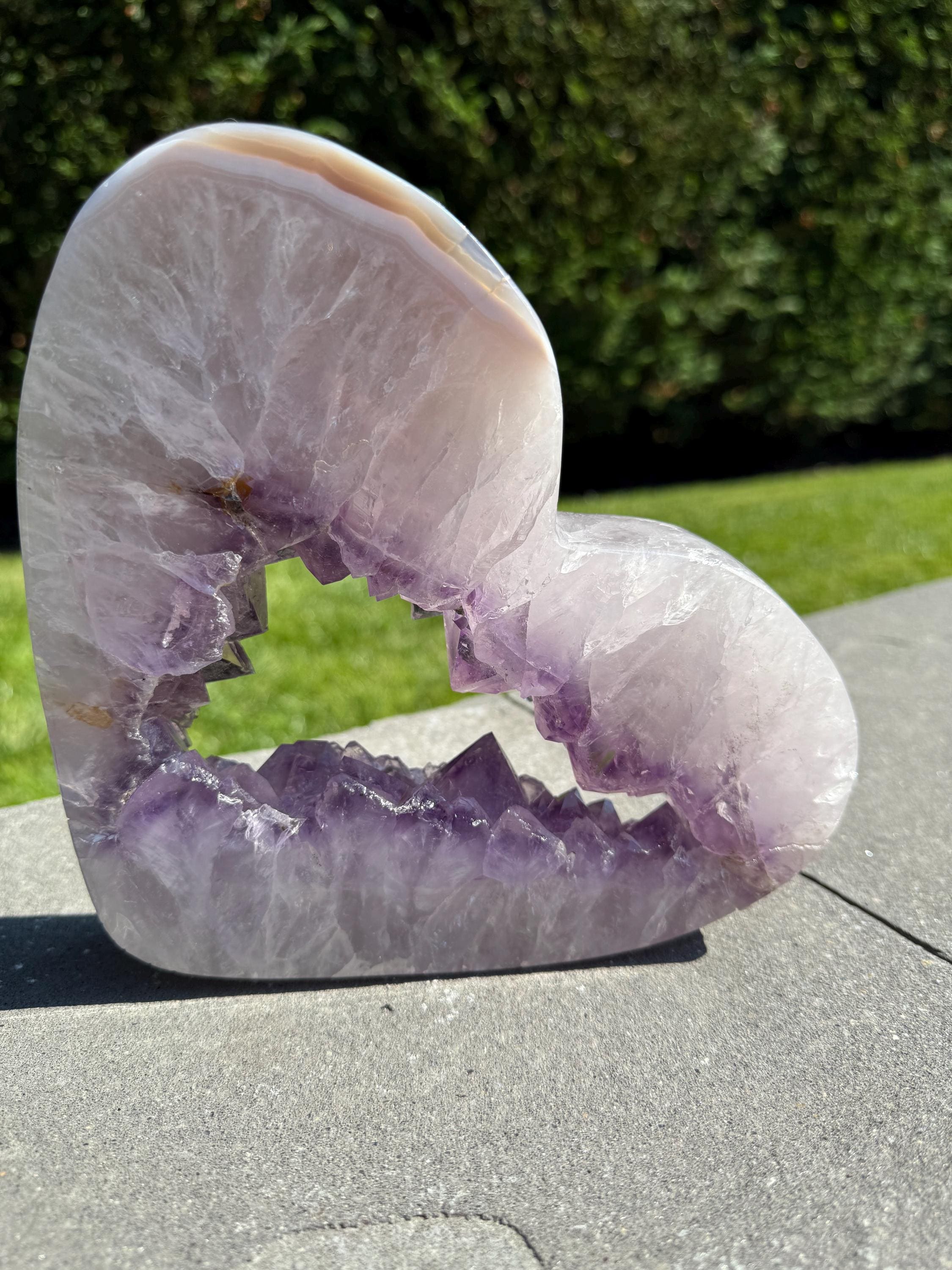 XL Agate Amethyst Heart Portal Carving • Self-Standing Polished Crystal Sculpture