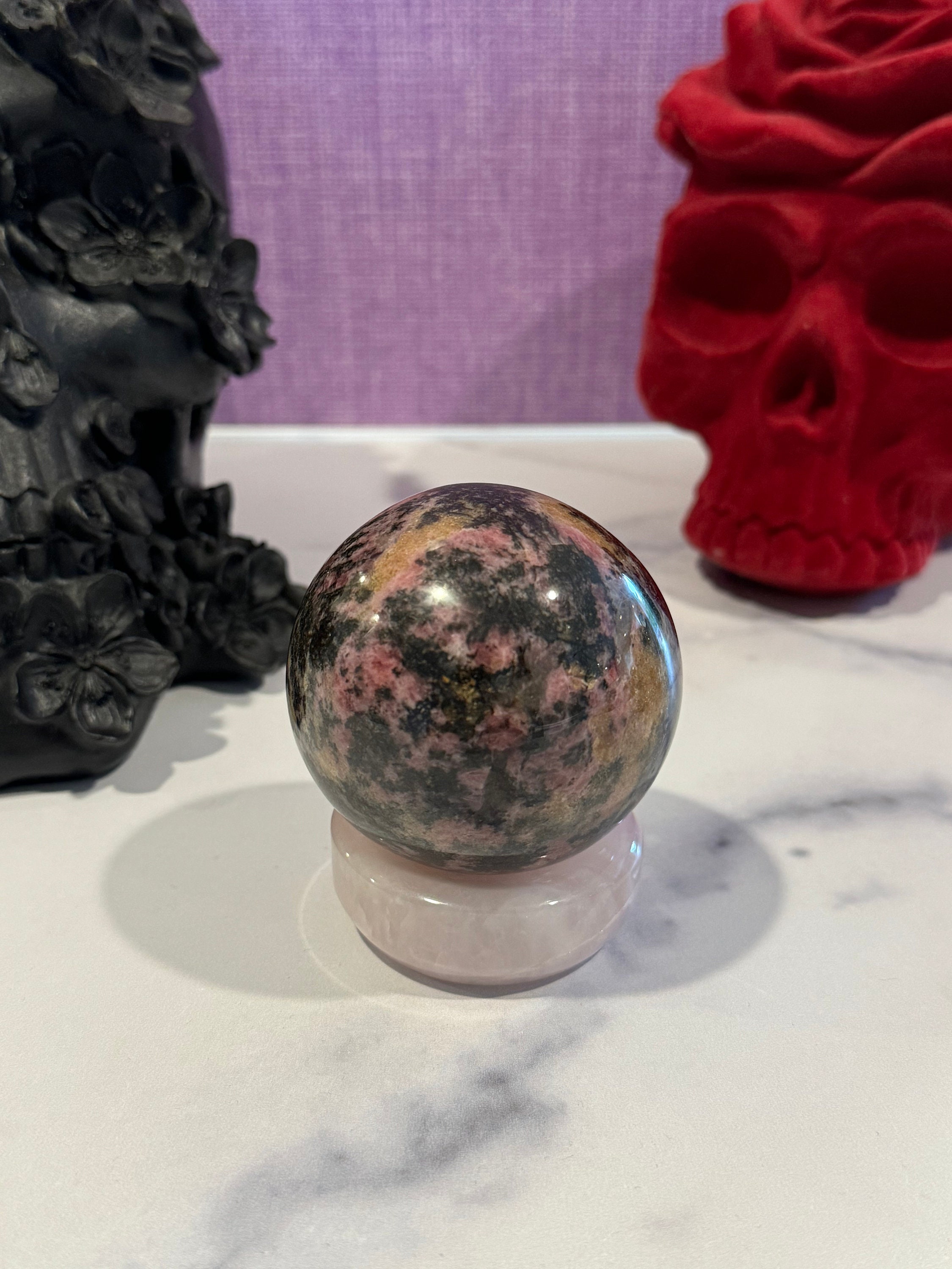 Sunset Rhodonite Sphere • 63mm Madagascar Crystal Ball • Heart Chakra Decor 7