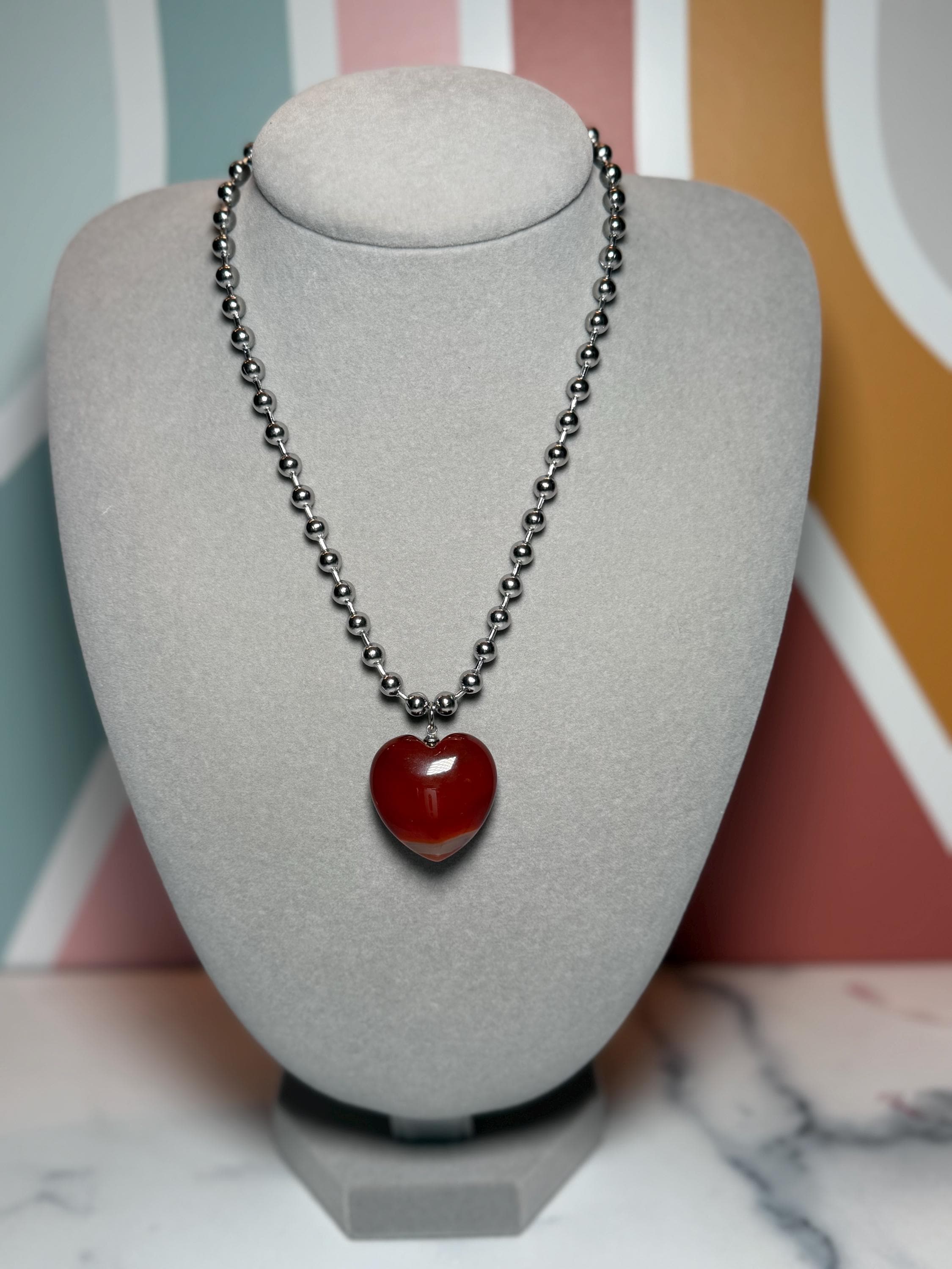 Sterling Silver Carnelian Heart Necklace, 17 Inch Ball Chain Pendant