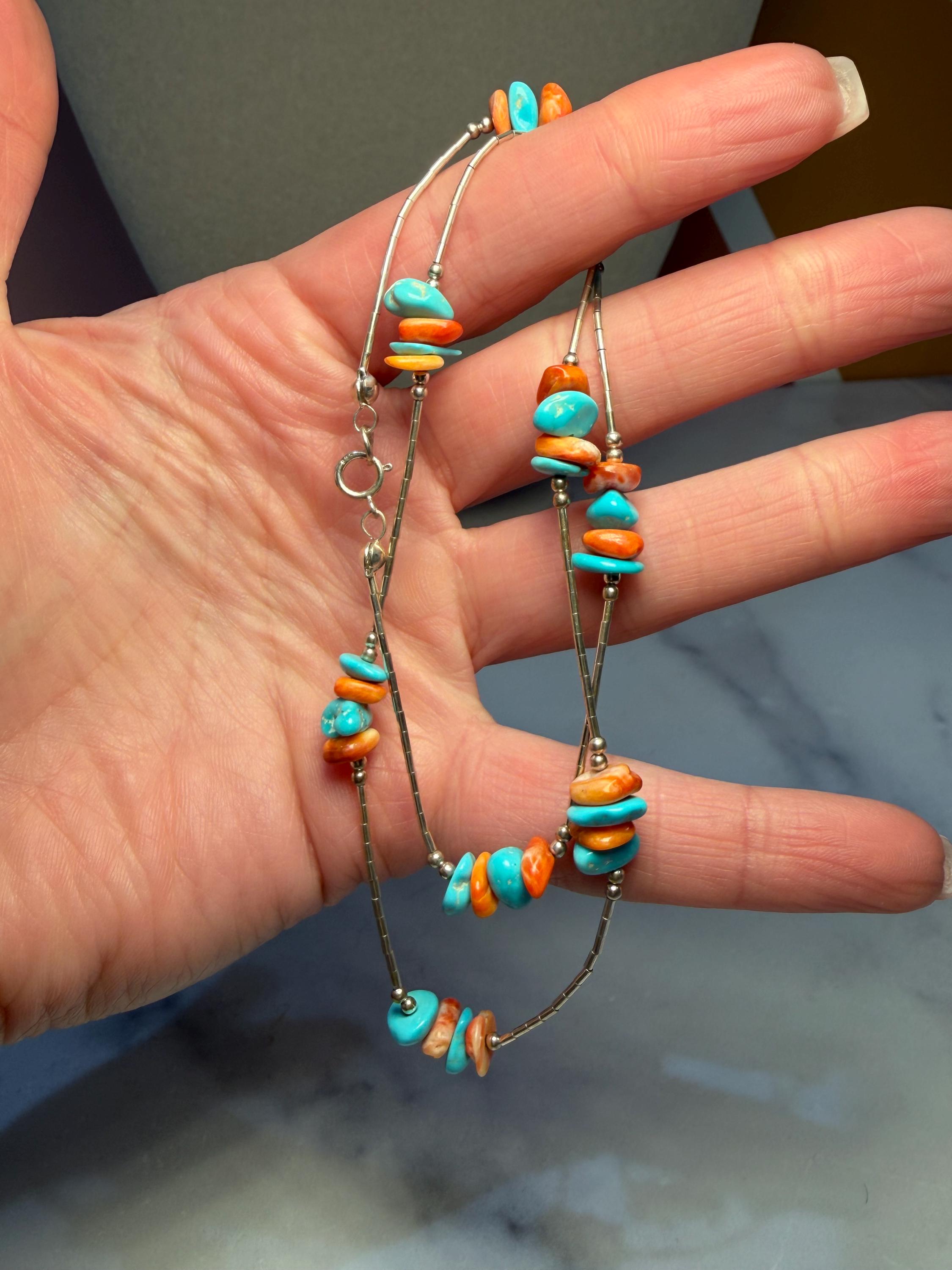 Liquid Silver Necklace Orange Spiny Oyster Turquoise Chips 925 Sterling Southwest (17.5 Inch) 3