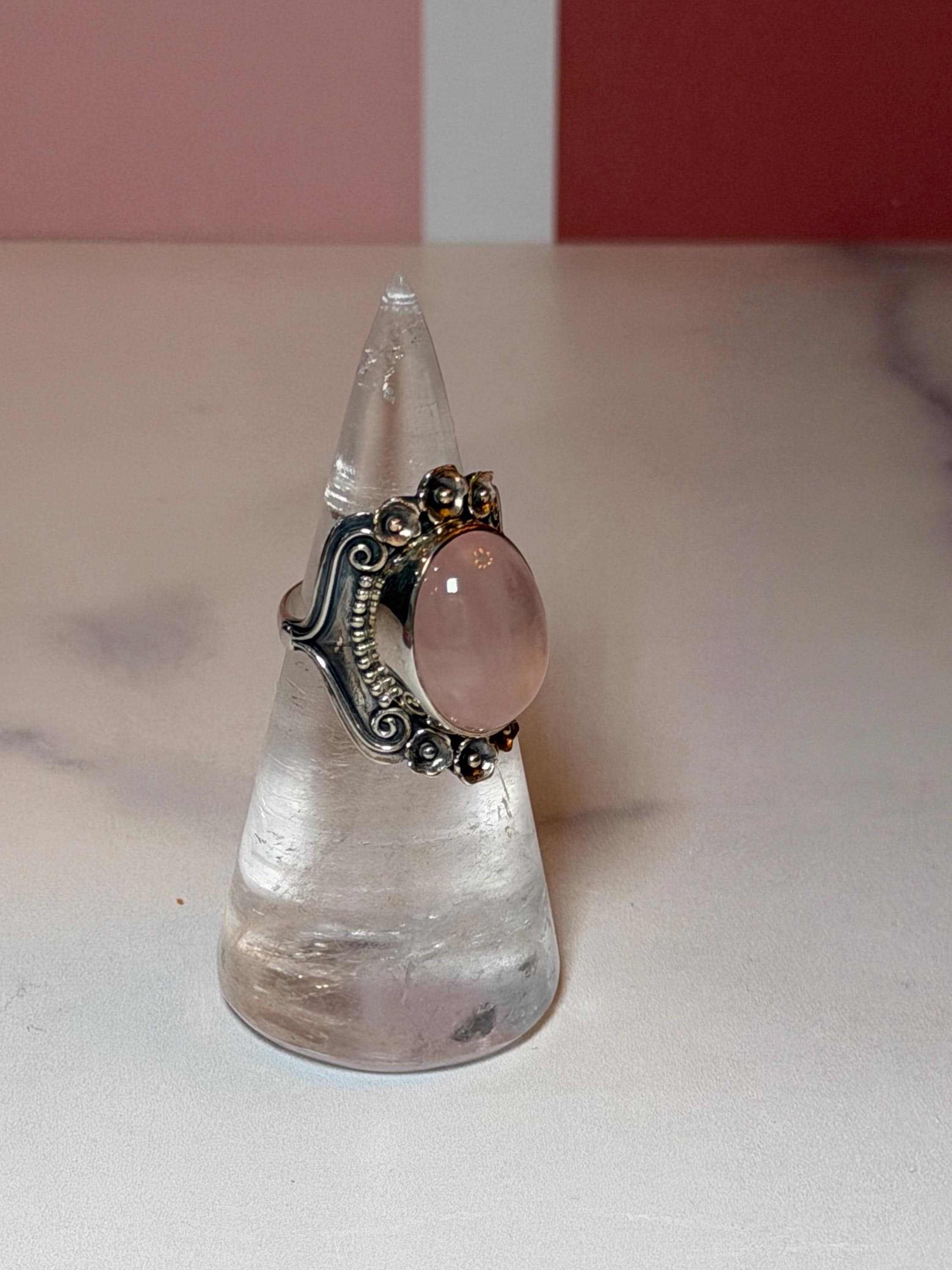 Rose Quartz Sterling Silver Floral Ring, Size 7, Romantic Gemstone Jewelry 9