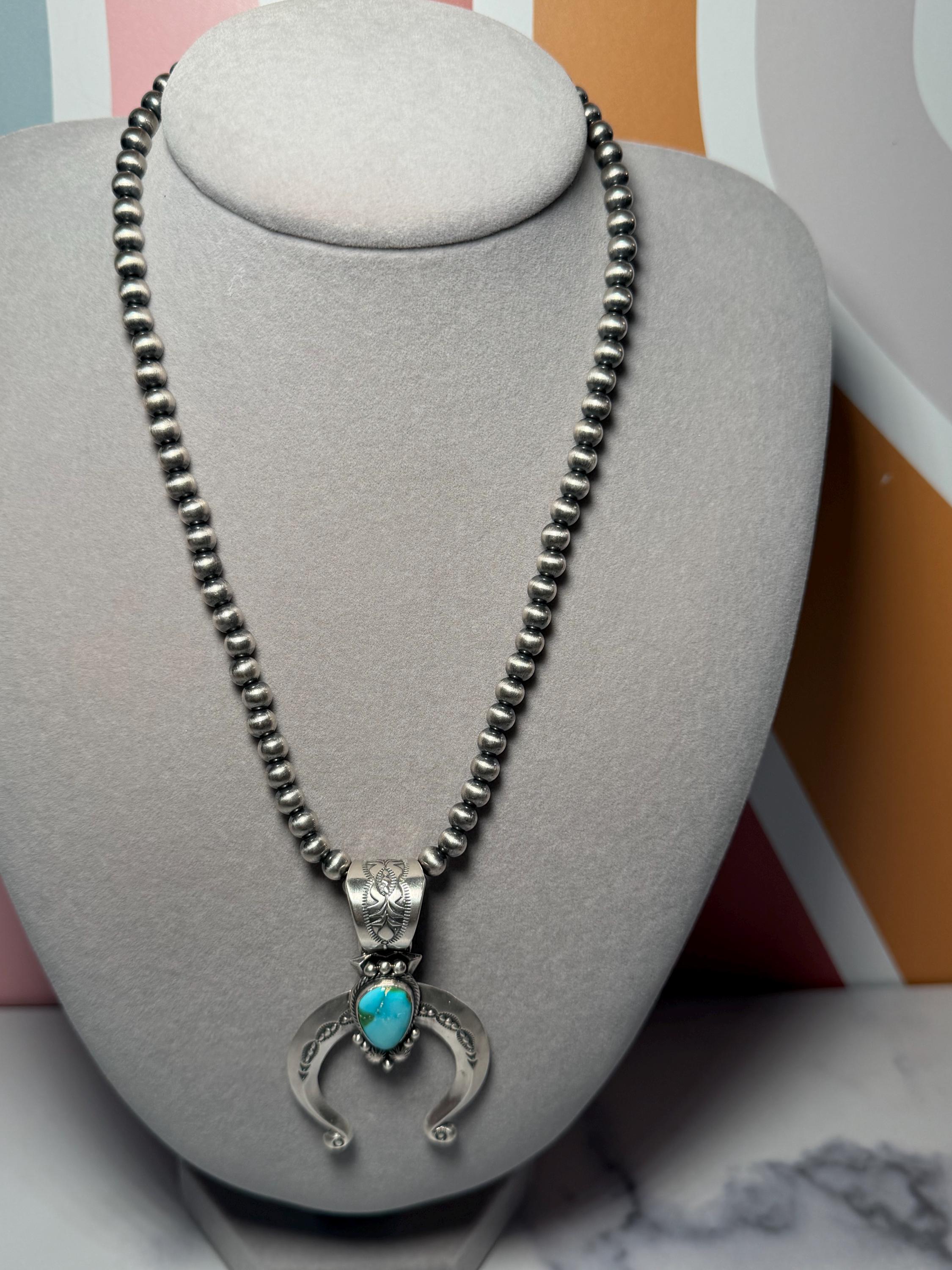 Sonoran Gold Turquoise Naja Pendant with Navajo Pearls, Sterling Silver Native Handmade Stamped Necklace, 18 Inch 6mm Pearls 2