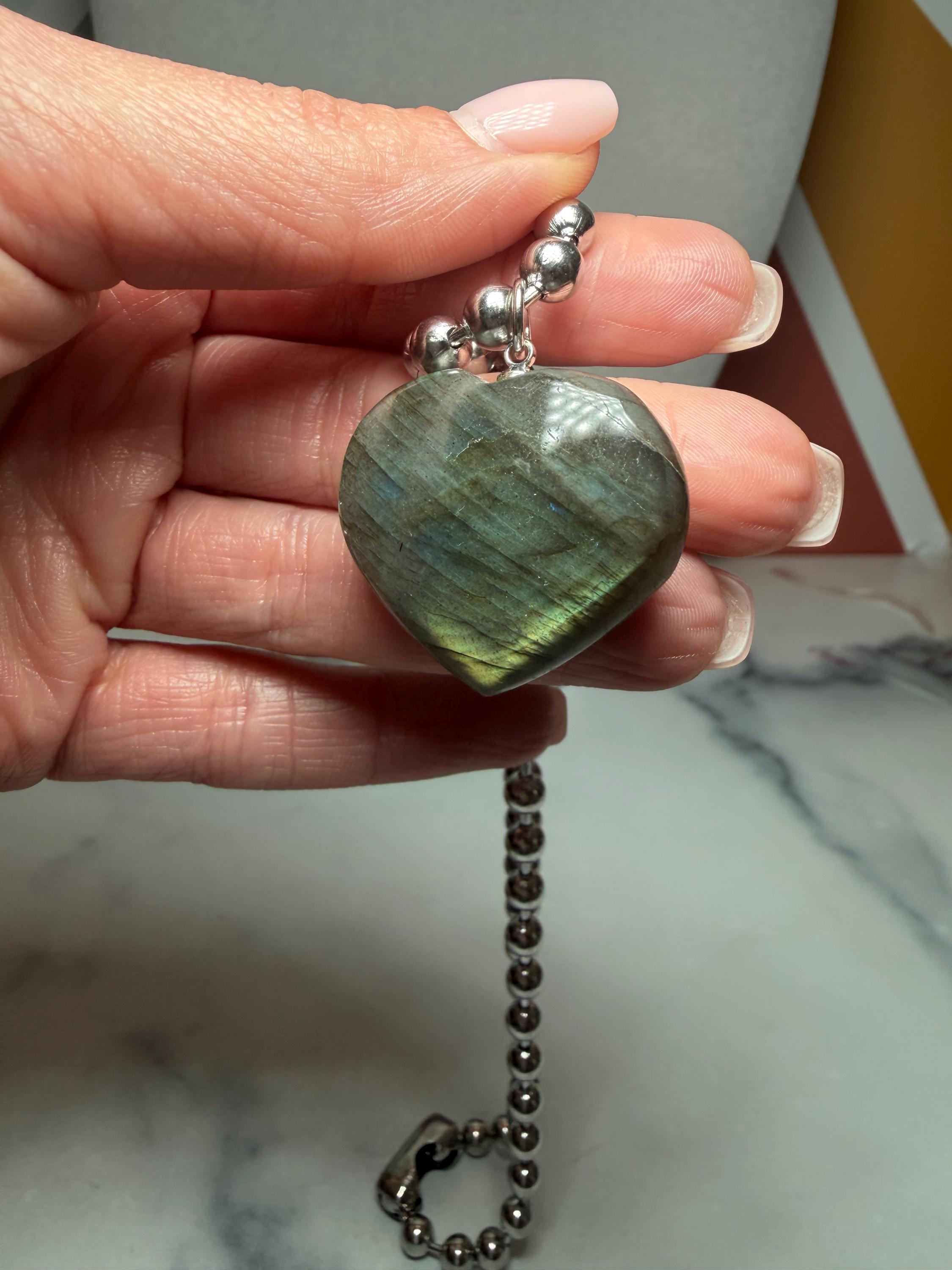 Labradorite Heart Pendant Necklace, Sterling Silver Ball Chain, 17 Inch Gemstone Jewelry 12