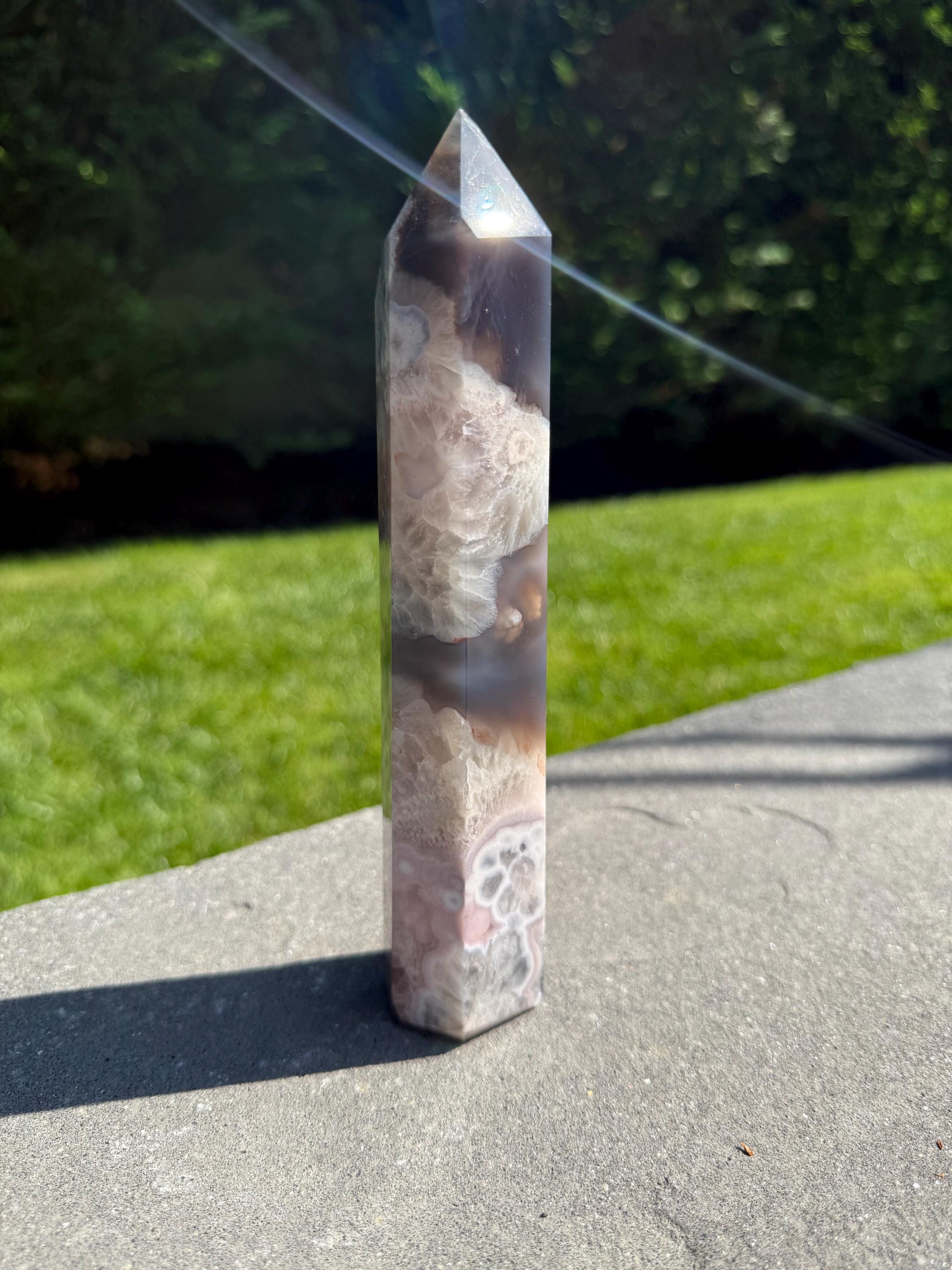 Black Flower Agate Druzy Crystal Tower • Polished Obelisk, Spiritual Decor 8