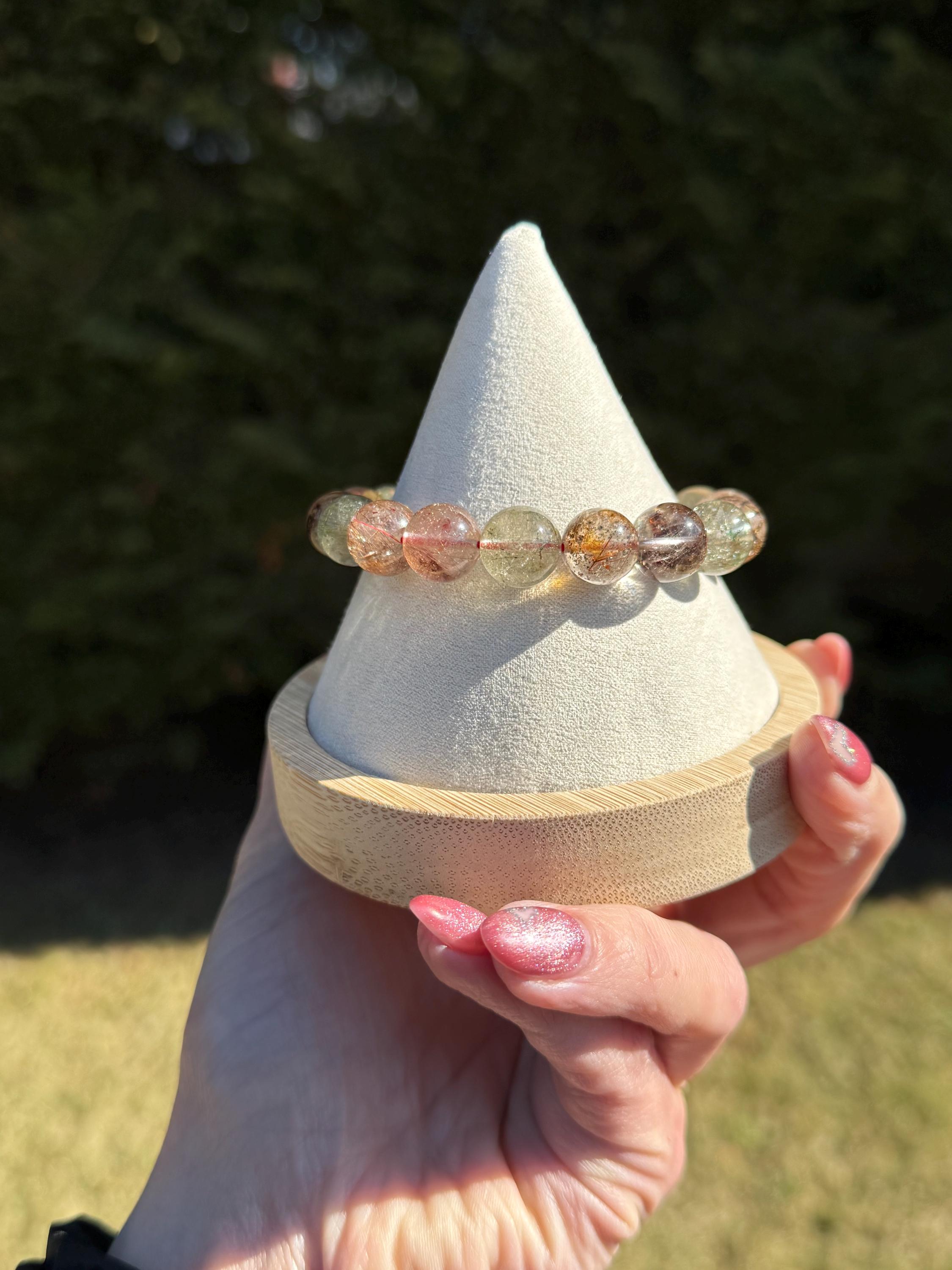 Garden Quartz Stretch Beaded Bracelet • Chlorite Inclusion Crystal Beaded Jewelry (11.5mm) 4