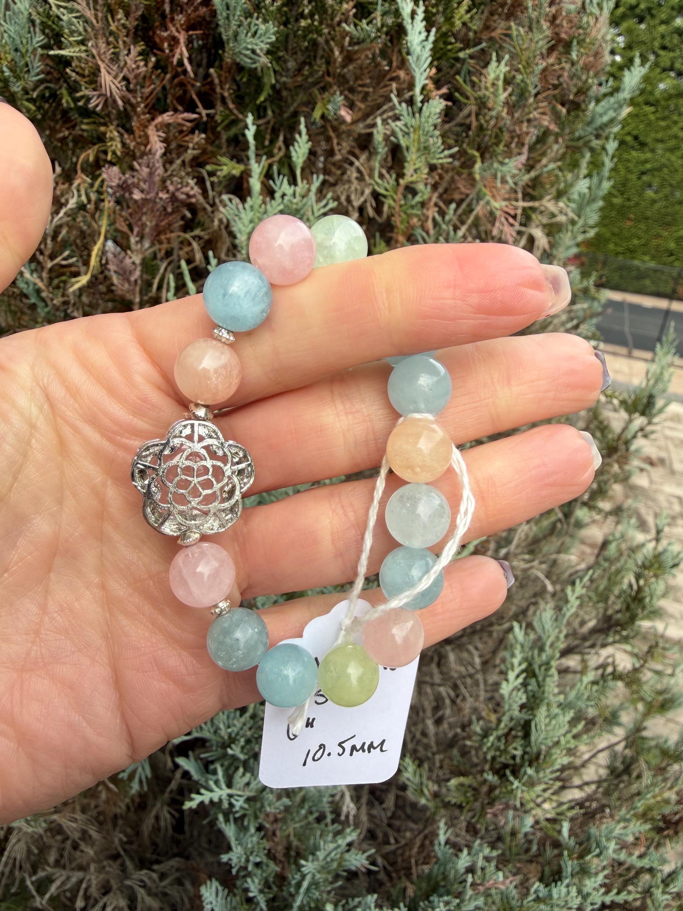 Mixed Beryl Bracelet with Rose Quartz Flower Charm • Aquamarine, Morganite, Heliodor Jewelry 2