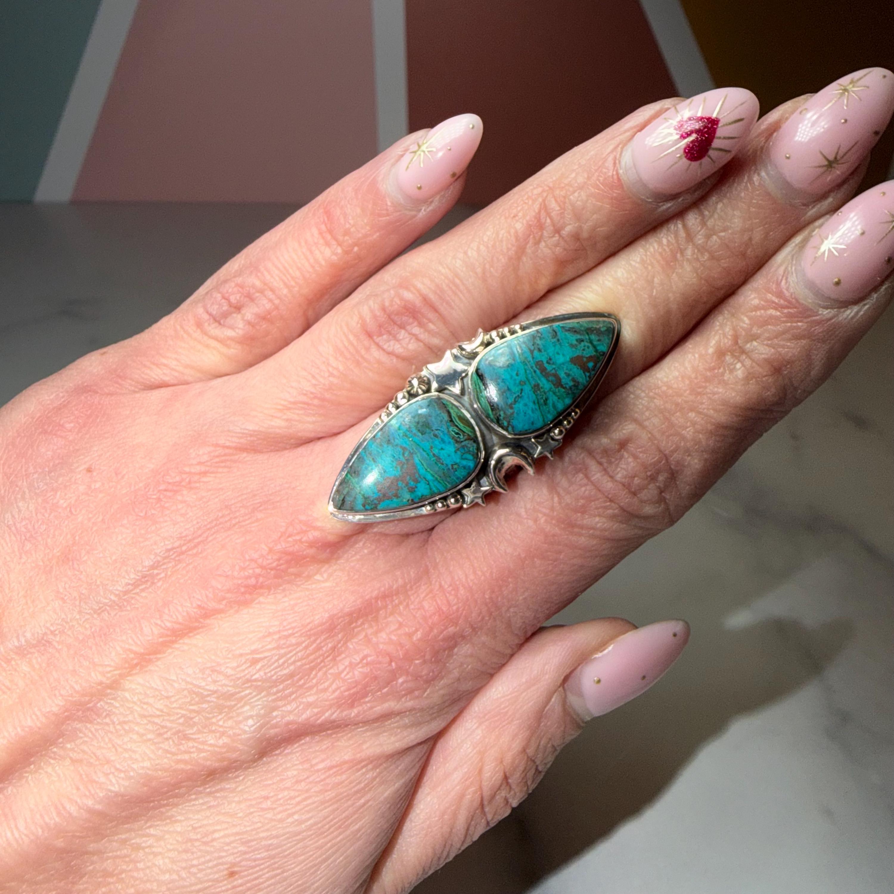 XL Chrysocolla Double Stone Ring, 925 Sterling Silver Celestial Triple Band Ring (Size 7) 5