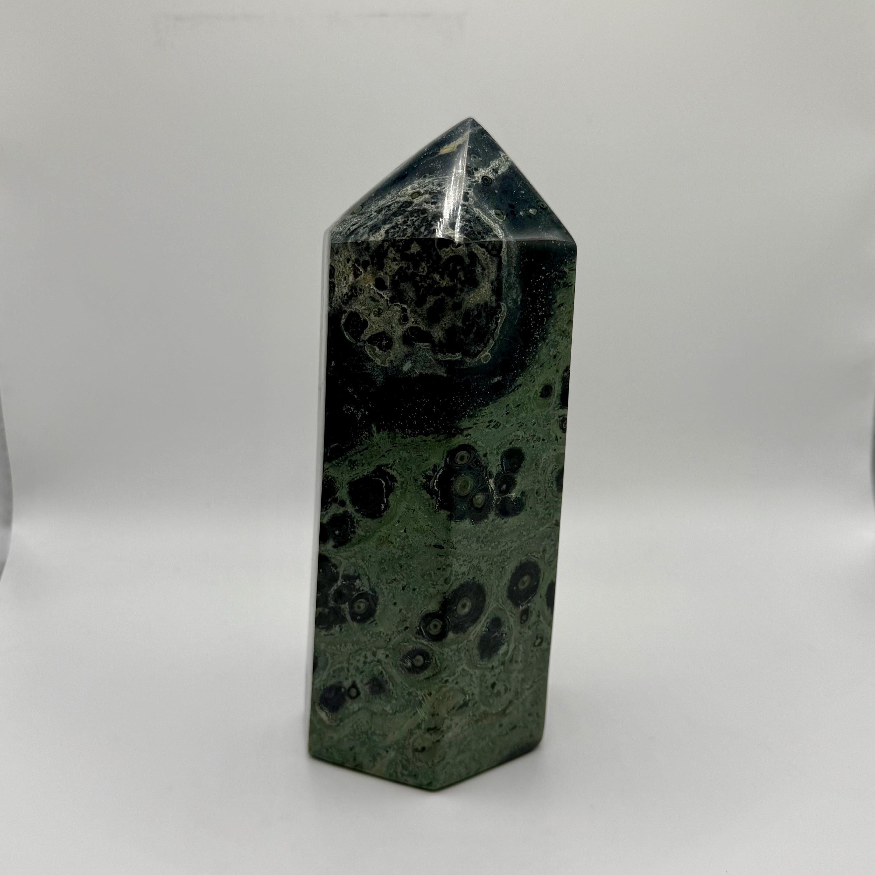 XL Kambaba Jasper Crystal Tower, Polished Green Orbicular Stone Obelisk, Spiritual Decor