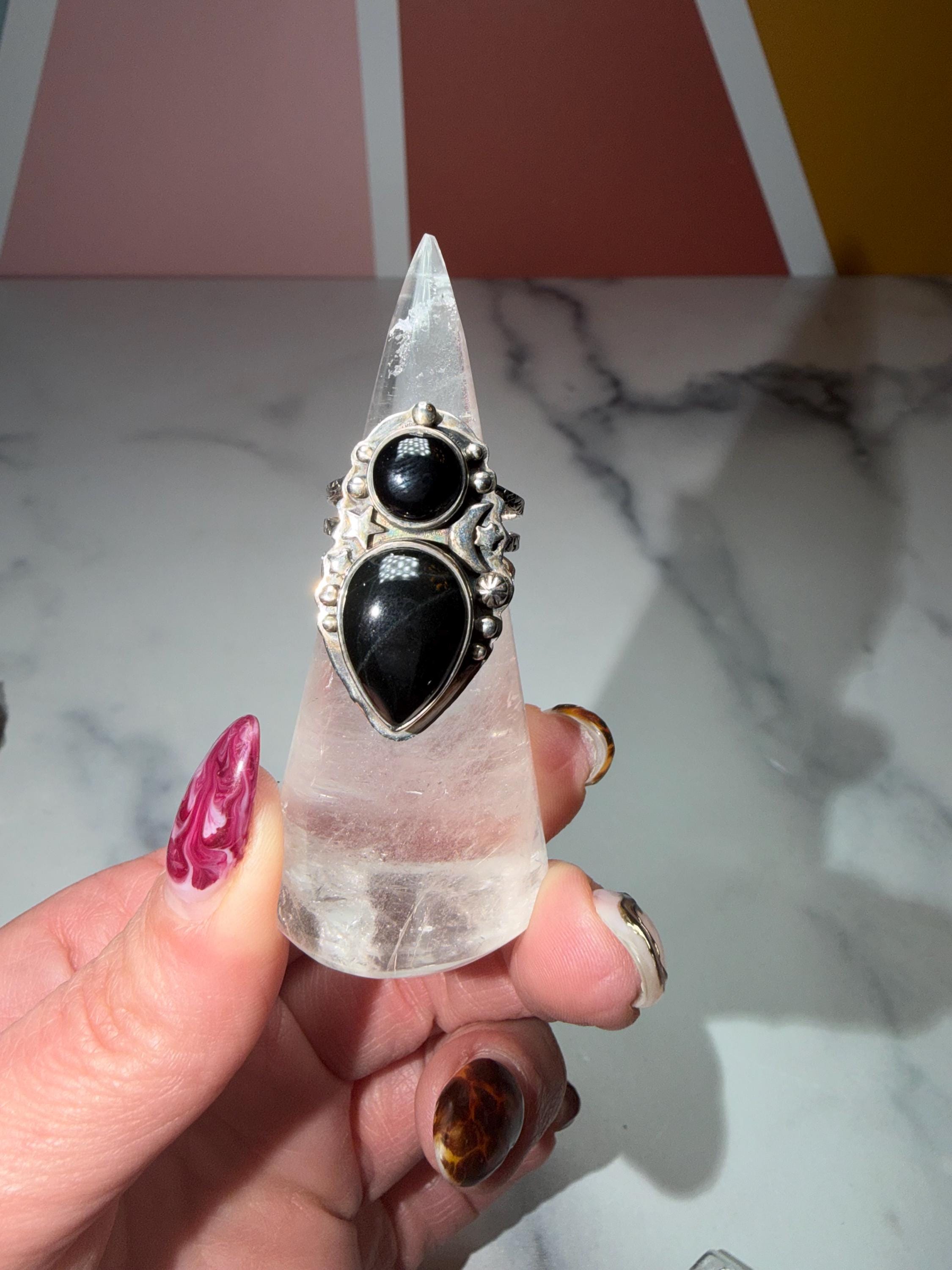 Double Black Onyx Ring • Celestial Sterling Silver Statement Gothic Jewelry (size 7) 6