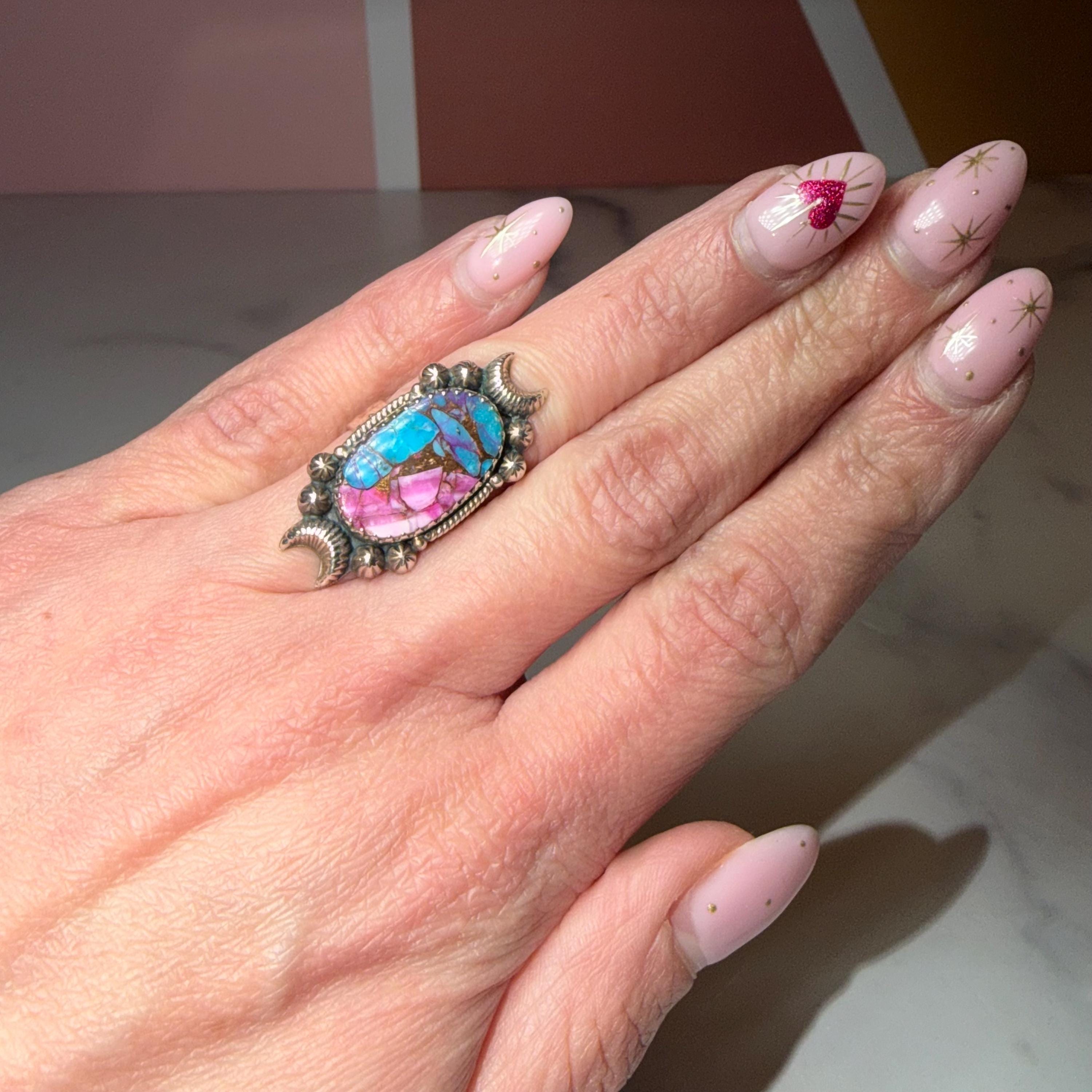 Pink Dahlia Sterling Silver Ring, Celestial Star Band, Size 6 Southwestern Statement 2